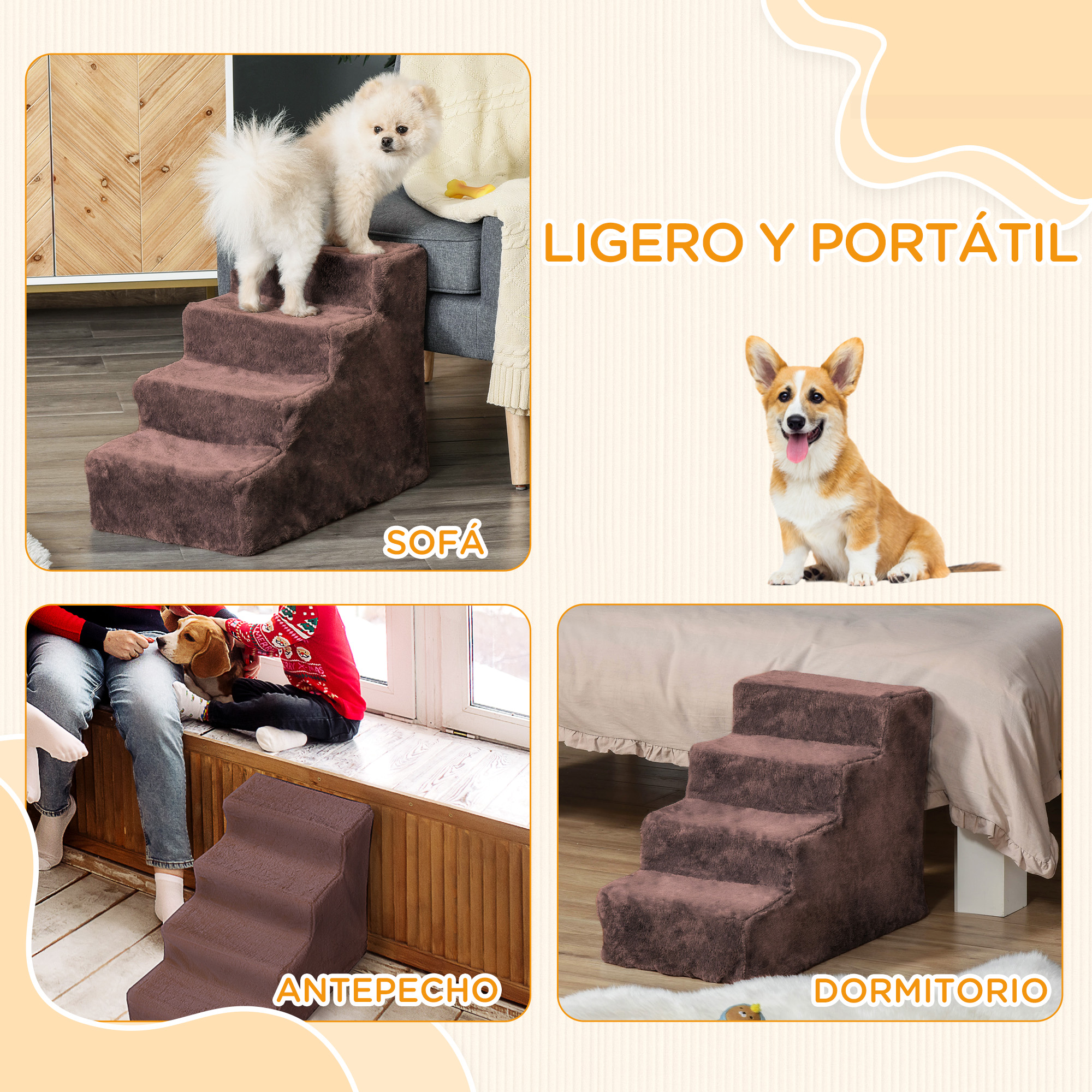 Escaleras para perros. Escalones marrones, perros usándolos. La imagen muestra el uso de escaleras en diferentes lugares.