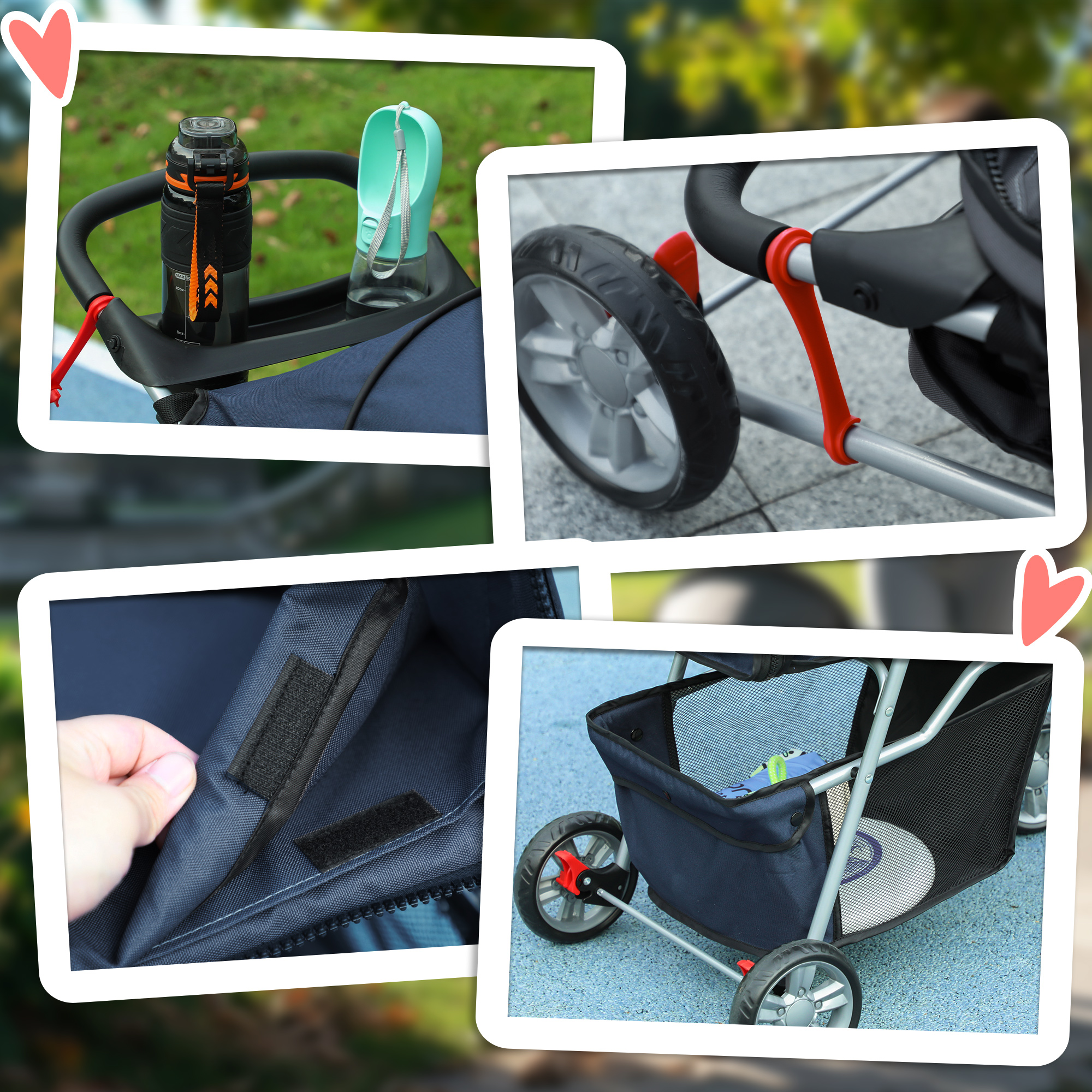 Collage de imágenes que muestran detalles del cochecito para mascotas: porta accesorios, asa, ruedas y almacenamiento.