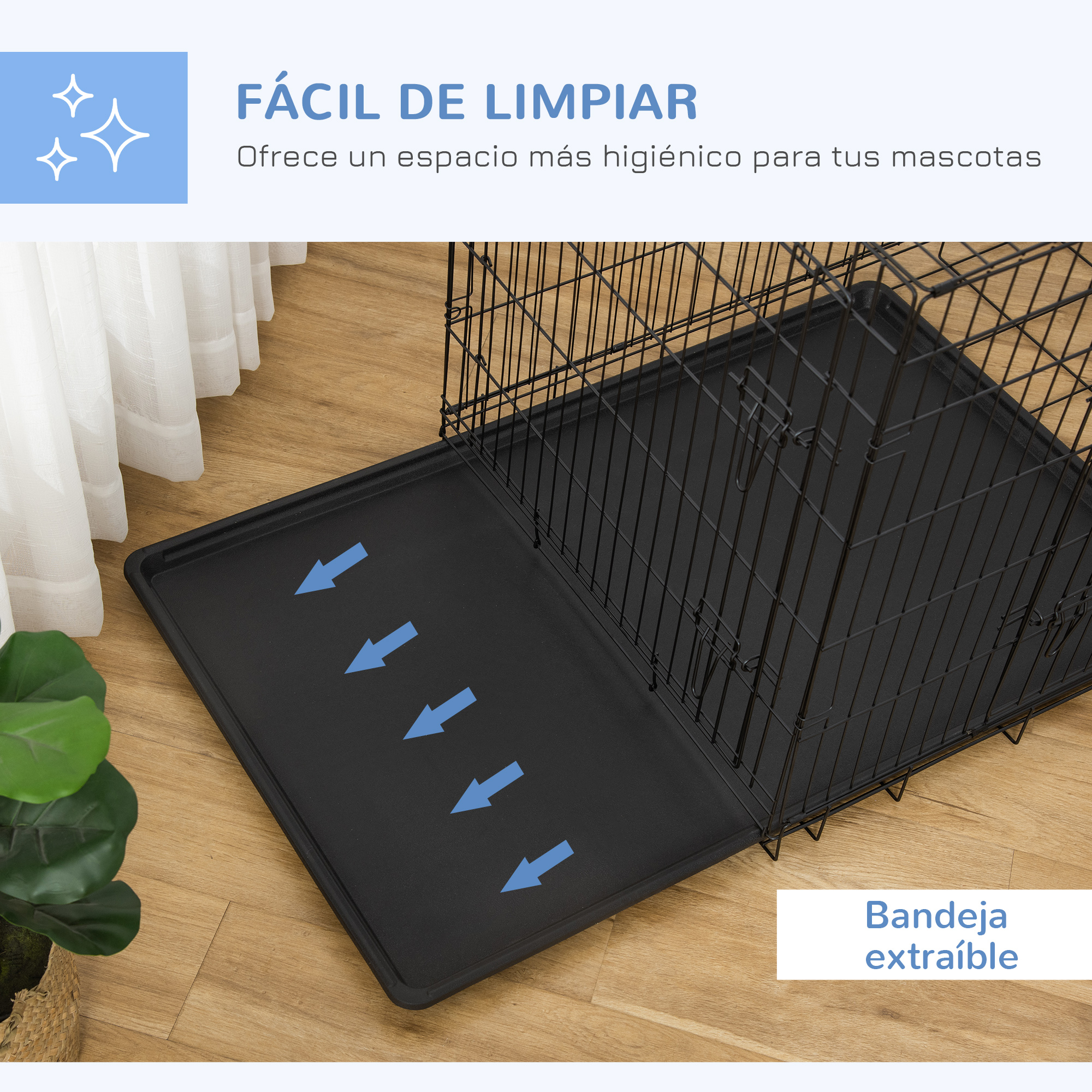Se muestra una bandeja de plástico negro con una jaula de metal. Las flechas muestran la función extraíble de la bandeja.