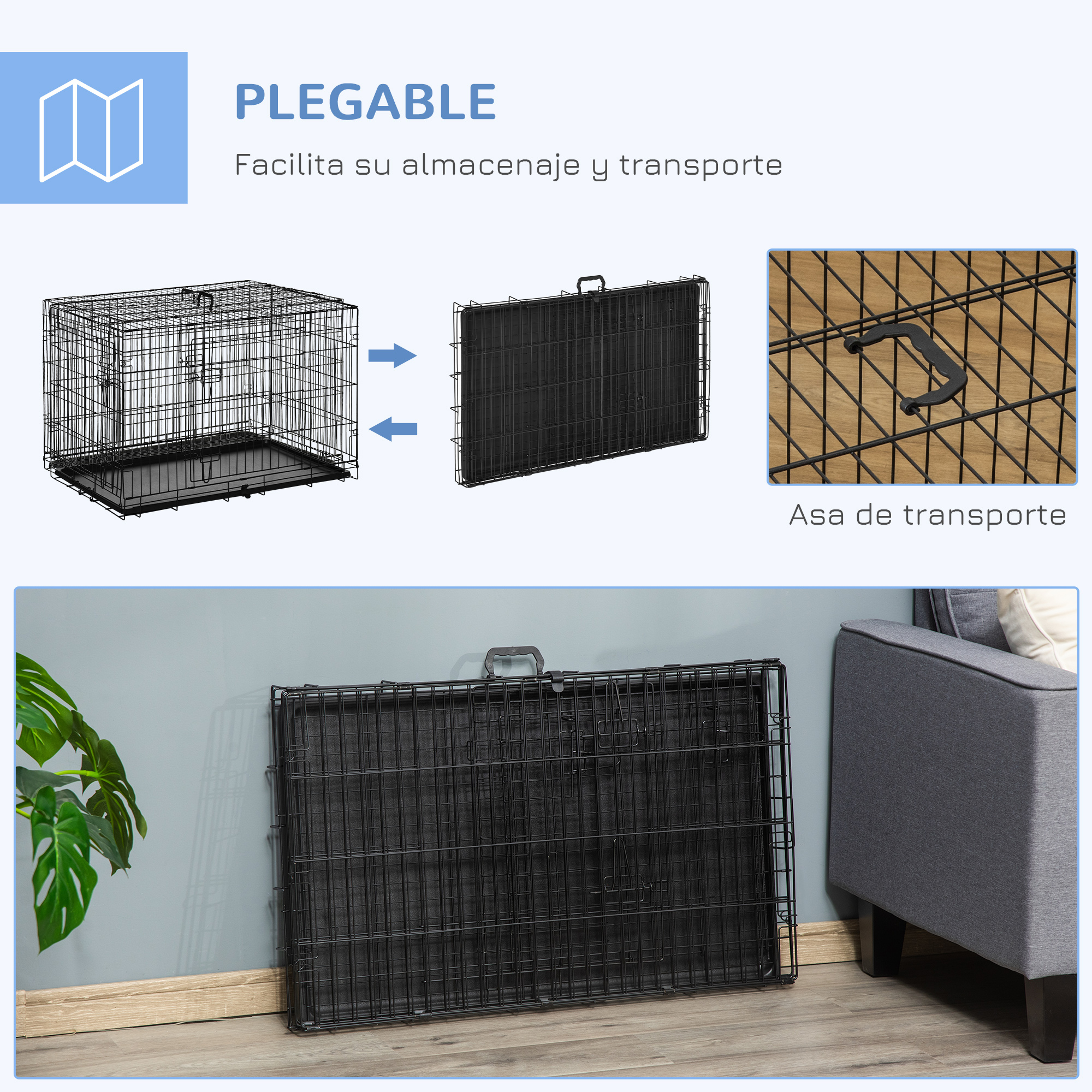 Jaula plegable para perros con proceso de plegado y asa de transporte. Se coloca junto a un sofá.