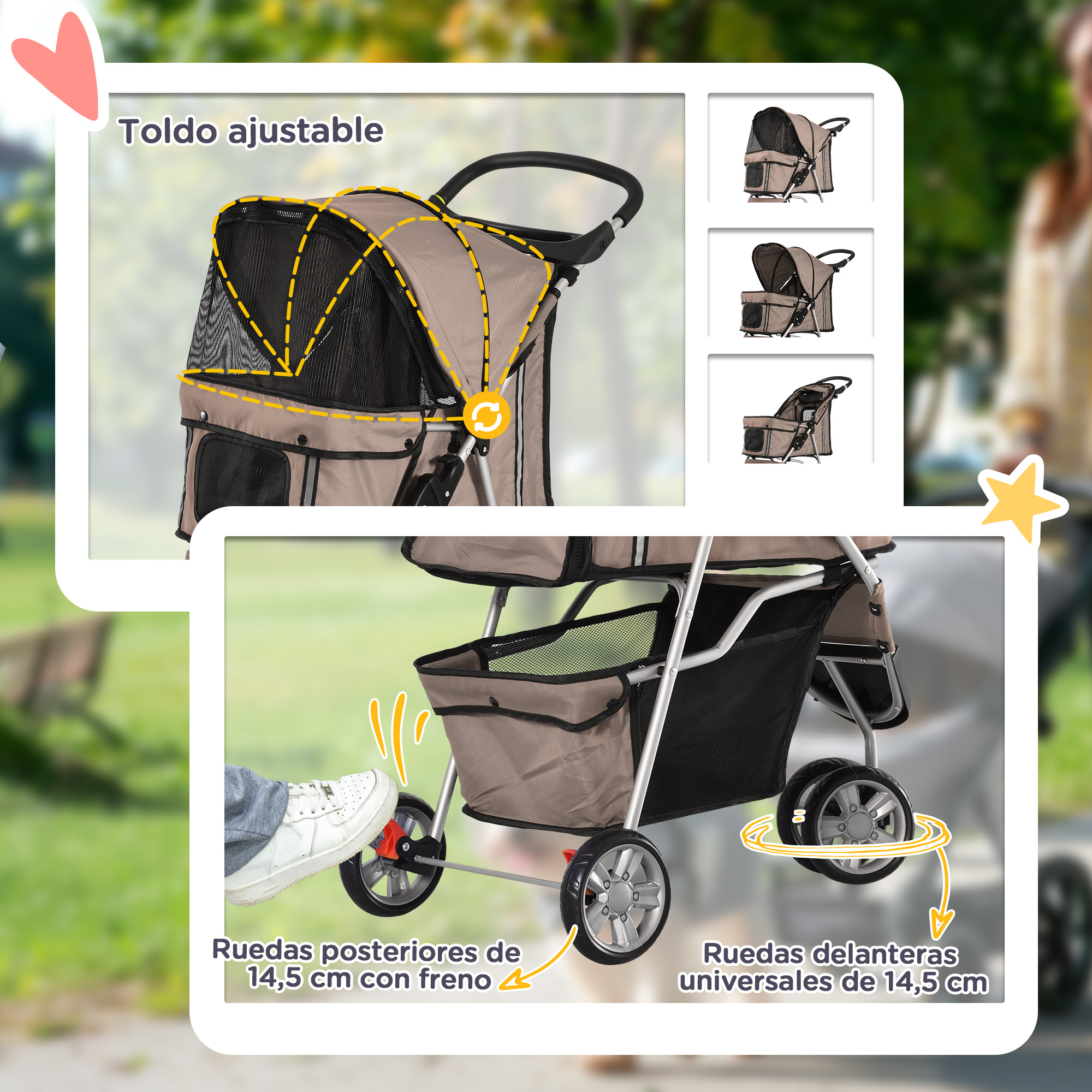 Cochecito para mascotas con toldo ajustable, ruedas traseras y delanteras, y freno de pie, con detalles.
