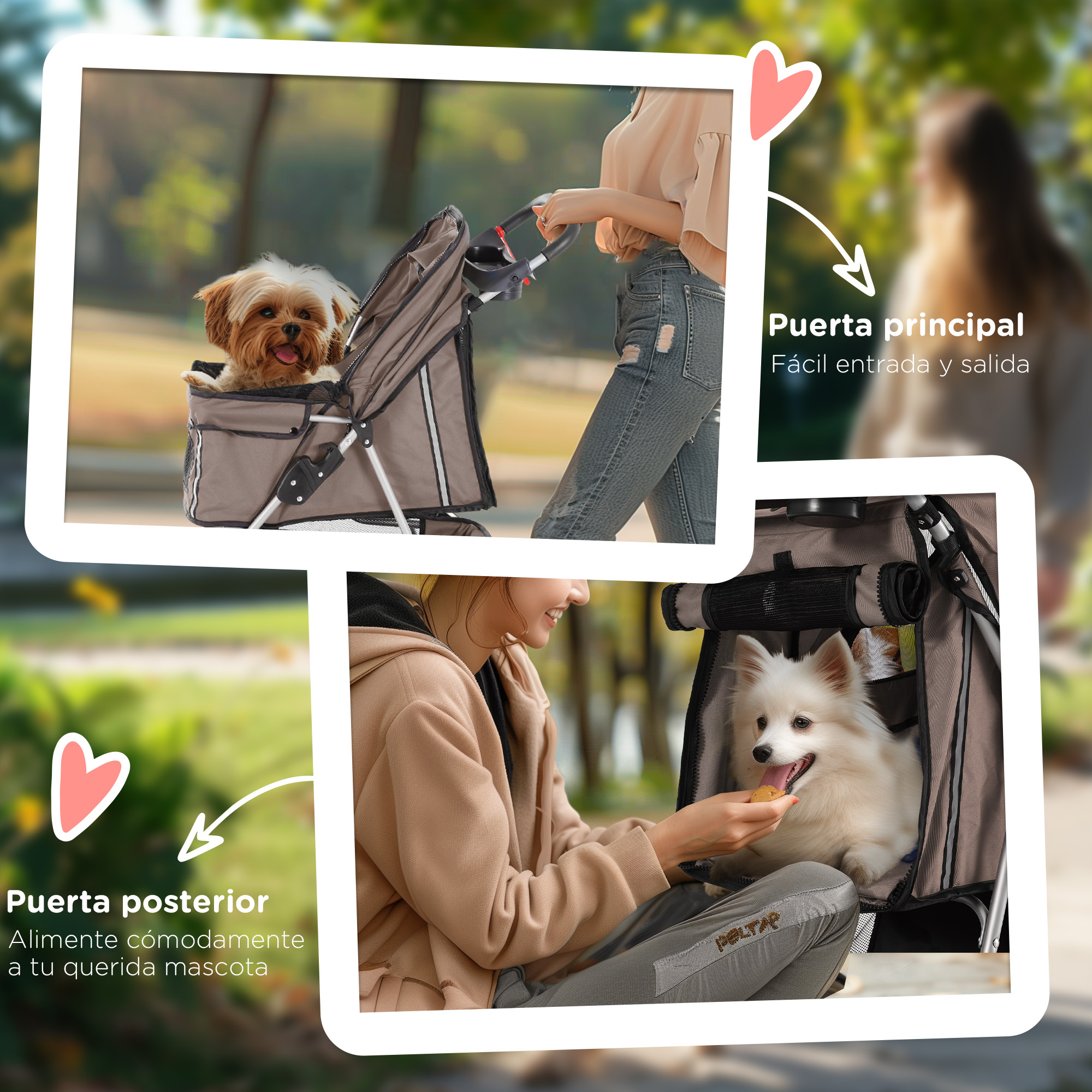 Una mujer usando un cochecito para perros con dos perros adentro. El cochecito tiene puerta delantera y trasera.