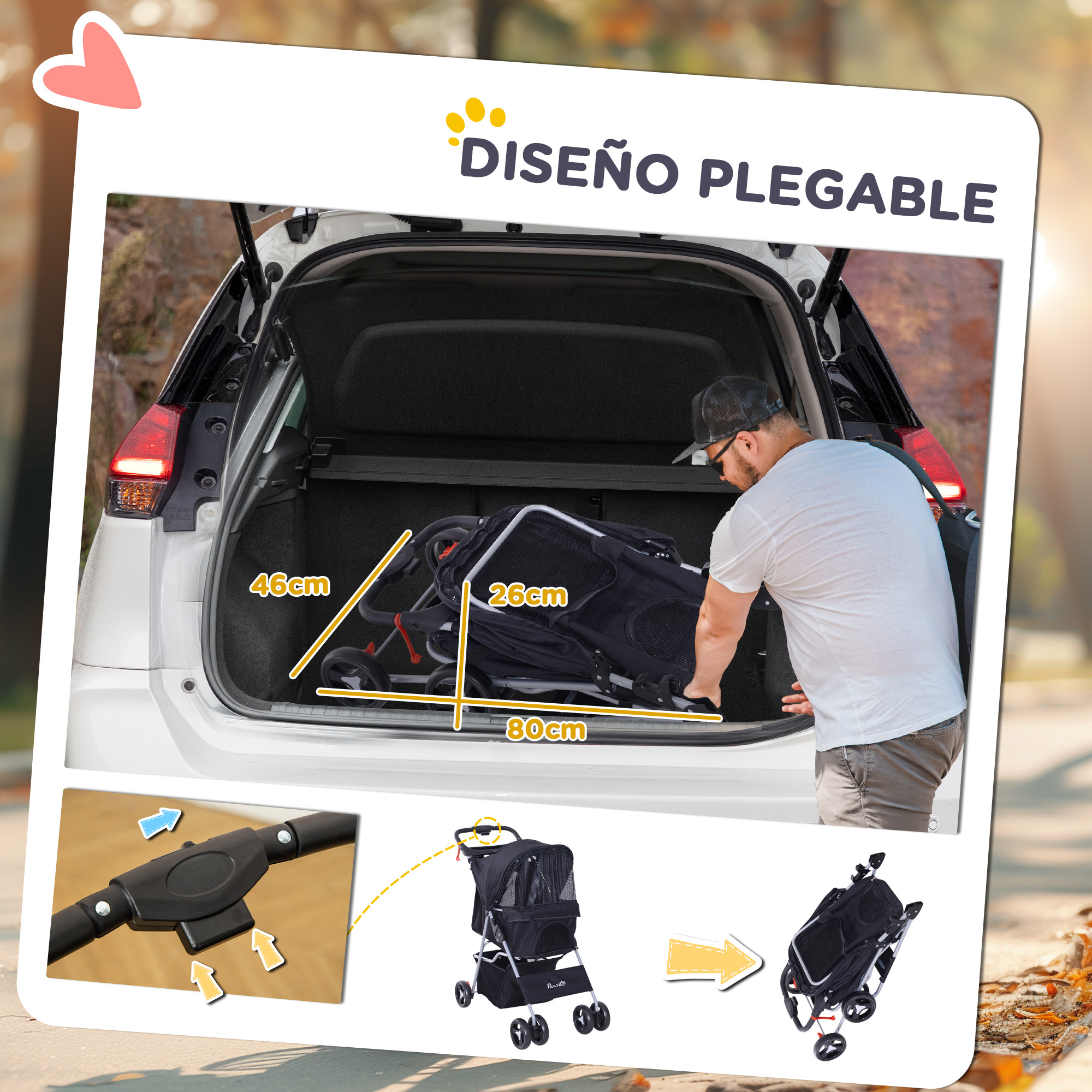 Hombre cargando un cochecito plegado para mascotas en el maletero. Se marcan las dimensiones.