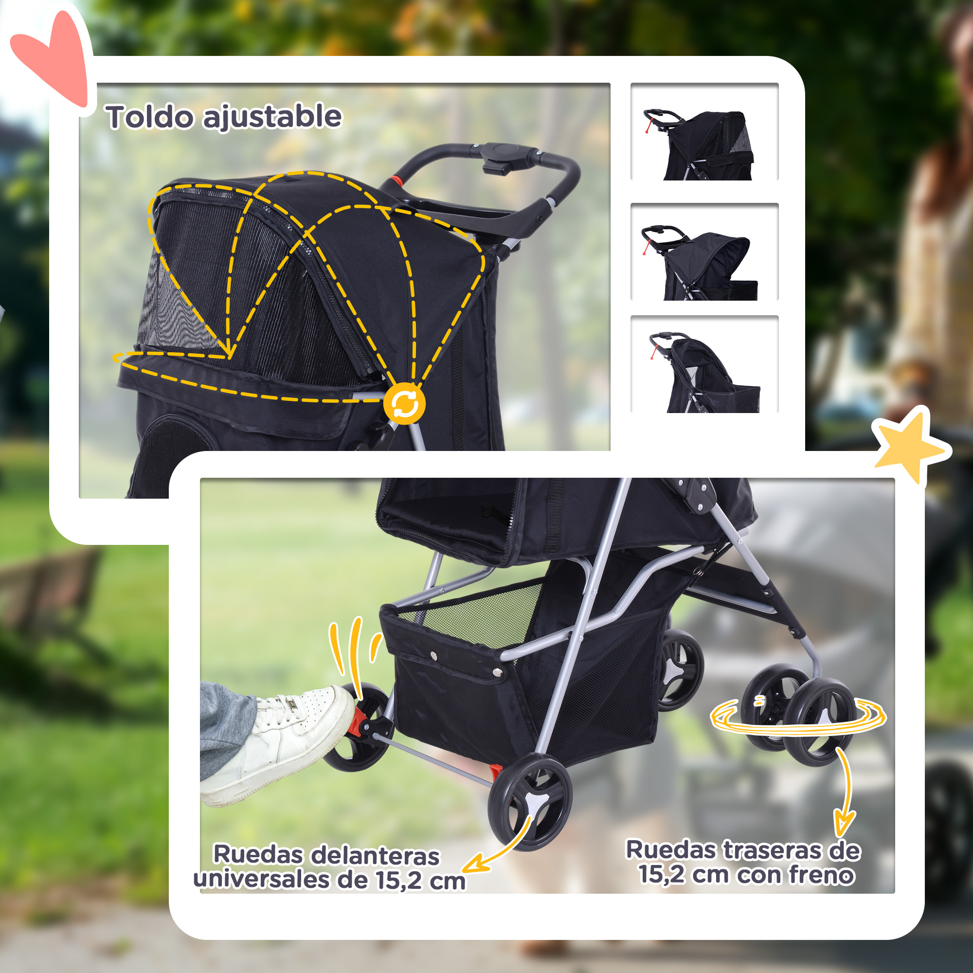 Un cochecito para mascotas con parte superior ajustable, ruedas delanteras y traseras con freno.