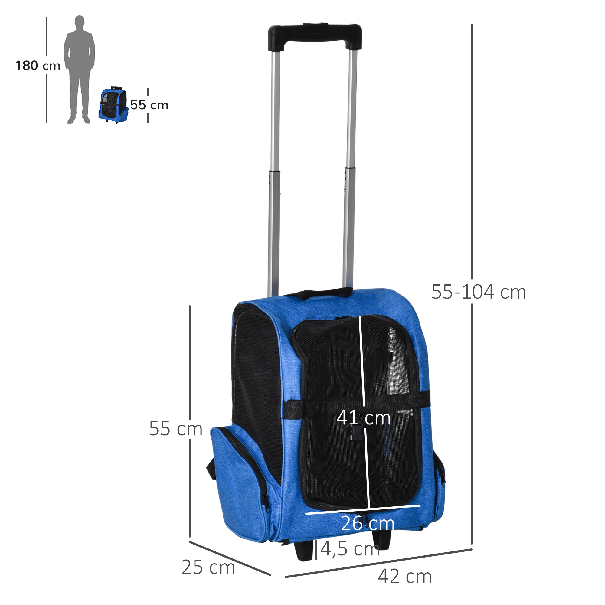 Transportín azul para mascotas con ruedas y dimensiones. Una persona pequeña está al lado.