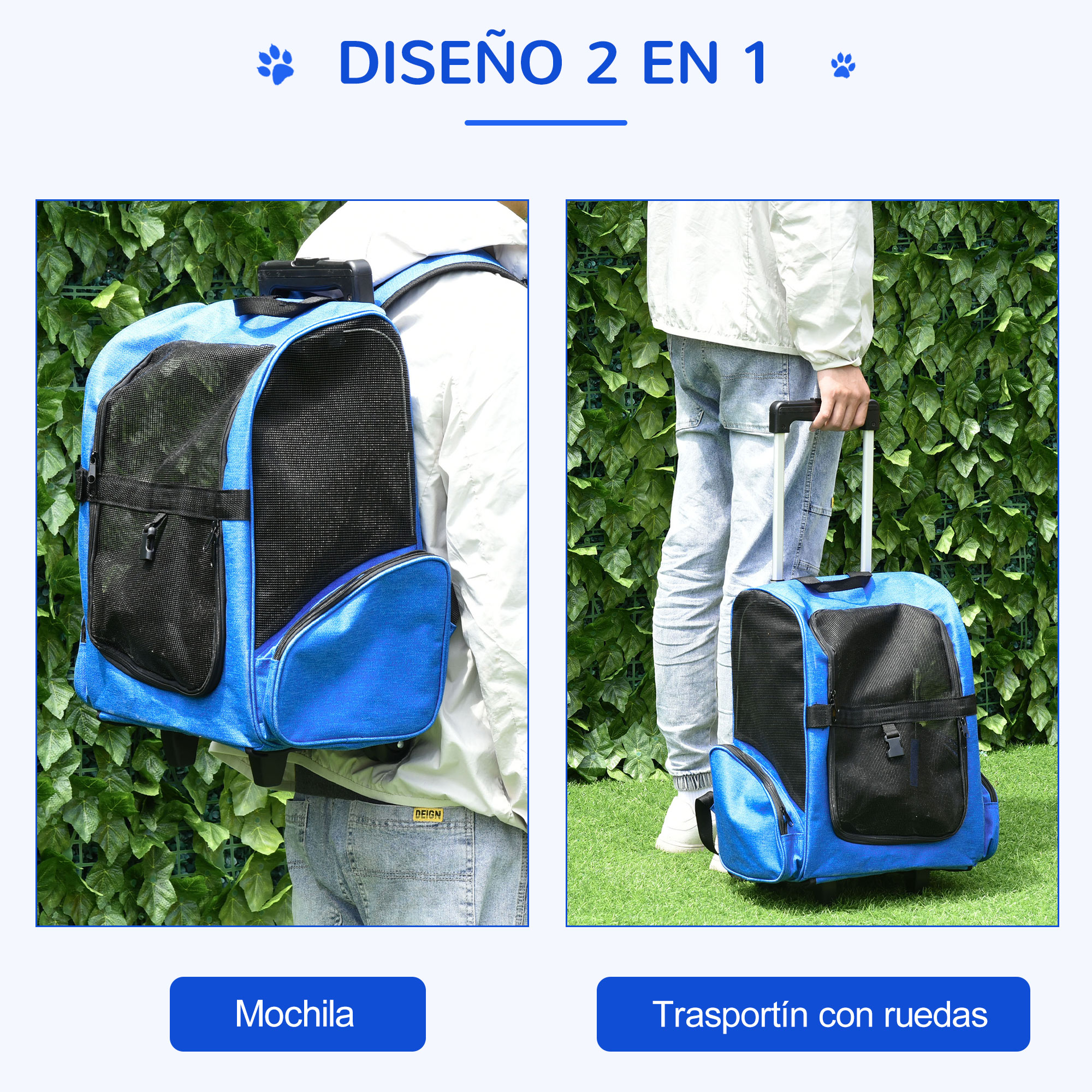 Mochila transportadora azul y transportín con ruedas, uno al lado del otro, texto español.