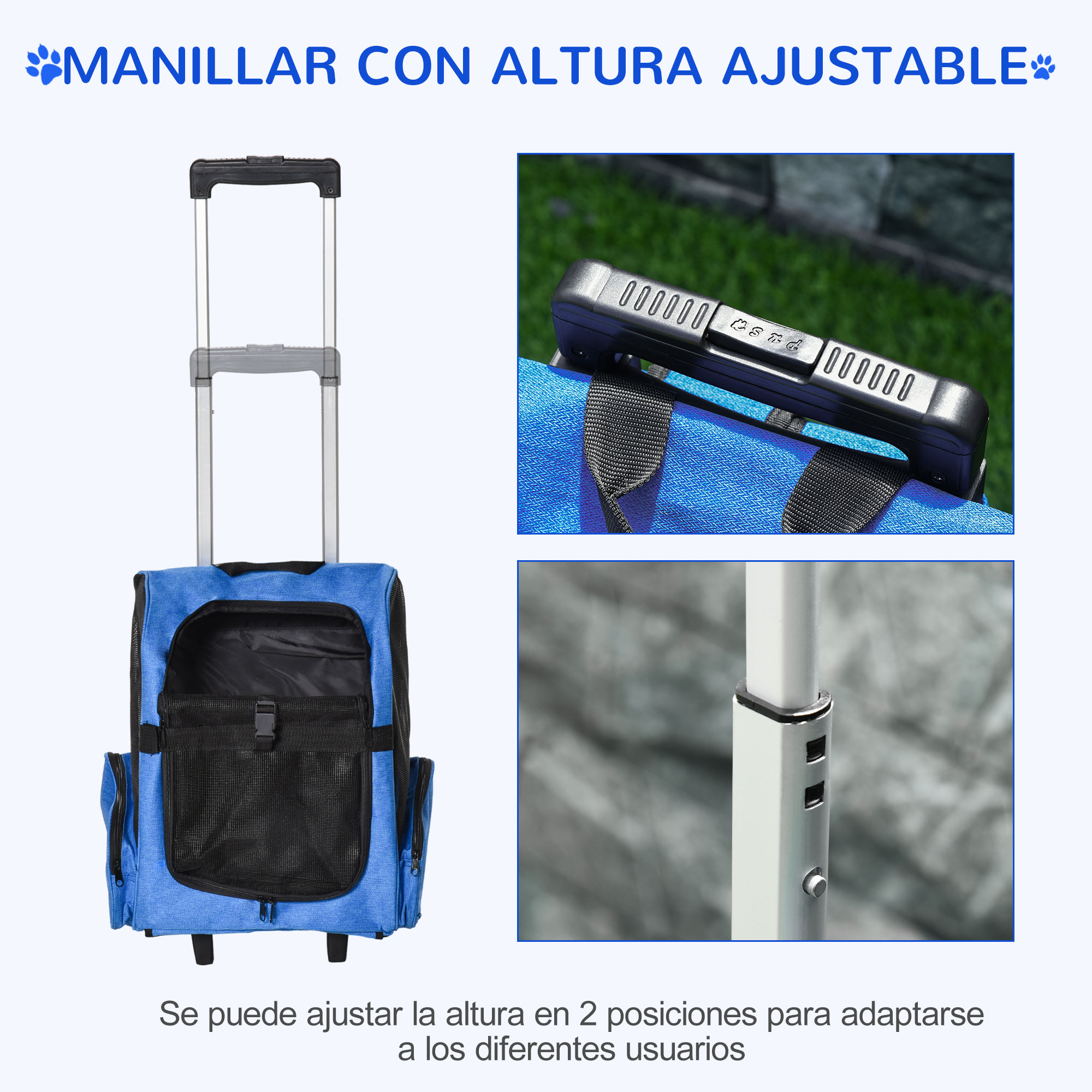 Transportín azul para mascotas con asa ajustable. Ajustable en dos posiciones. Primer plano del asa y ajuste.
