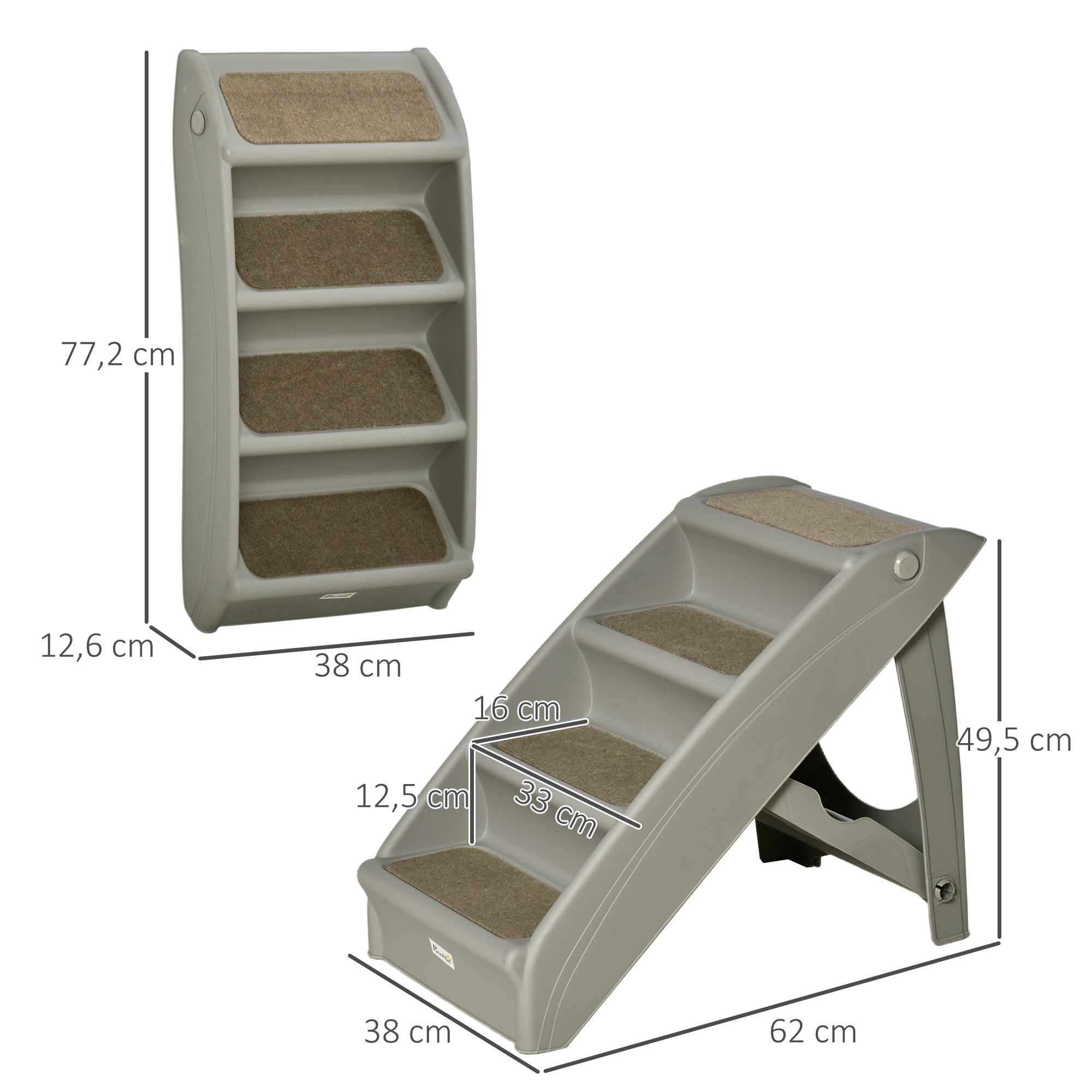Un escalón plegable para mascotas con cuatro escalones en dos posiciones, abierto y plegado.