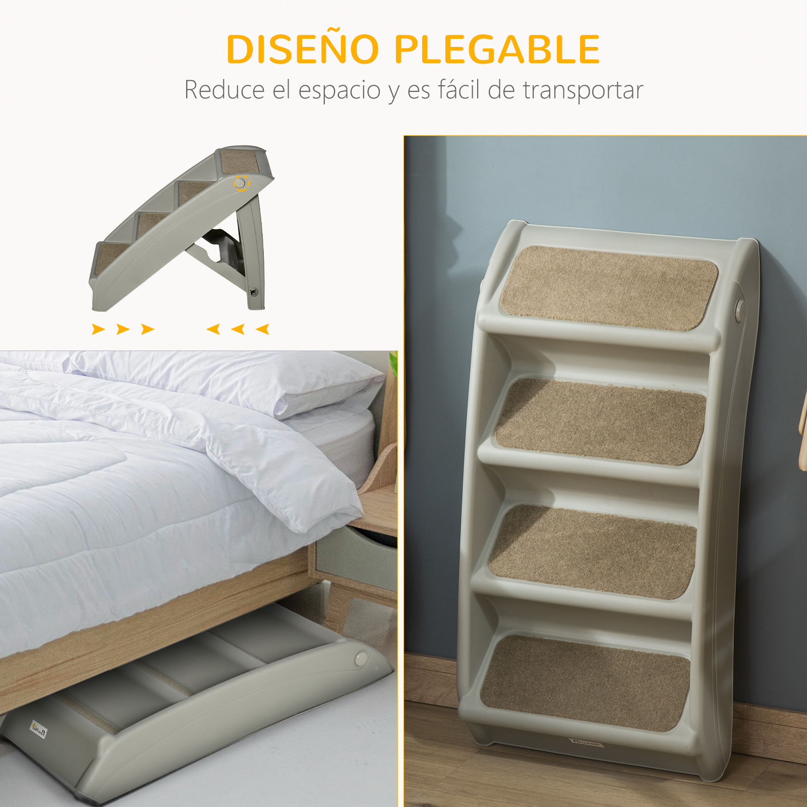 Un escalón plegable para mascotas con 4 escalones y un compartimento de almacenamiento, cerca de una cama.