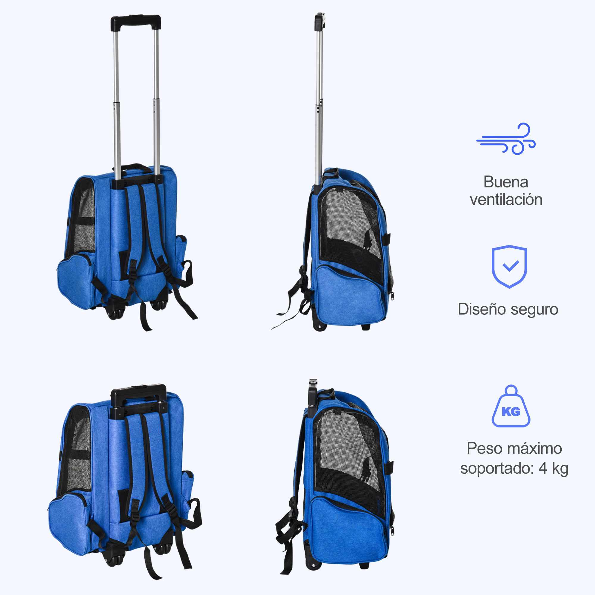 Transportín azul para mascotas. Características: buena ventilación, diseño seguro y peso máximo de 4 kg.