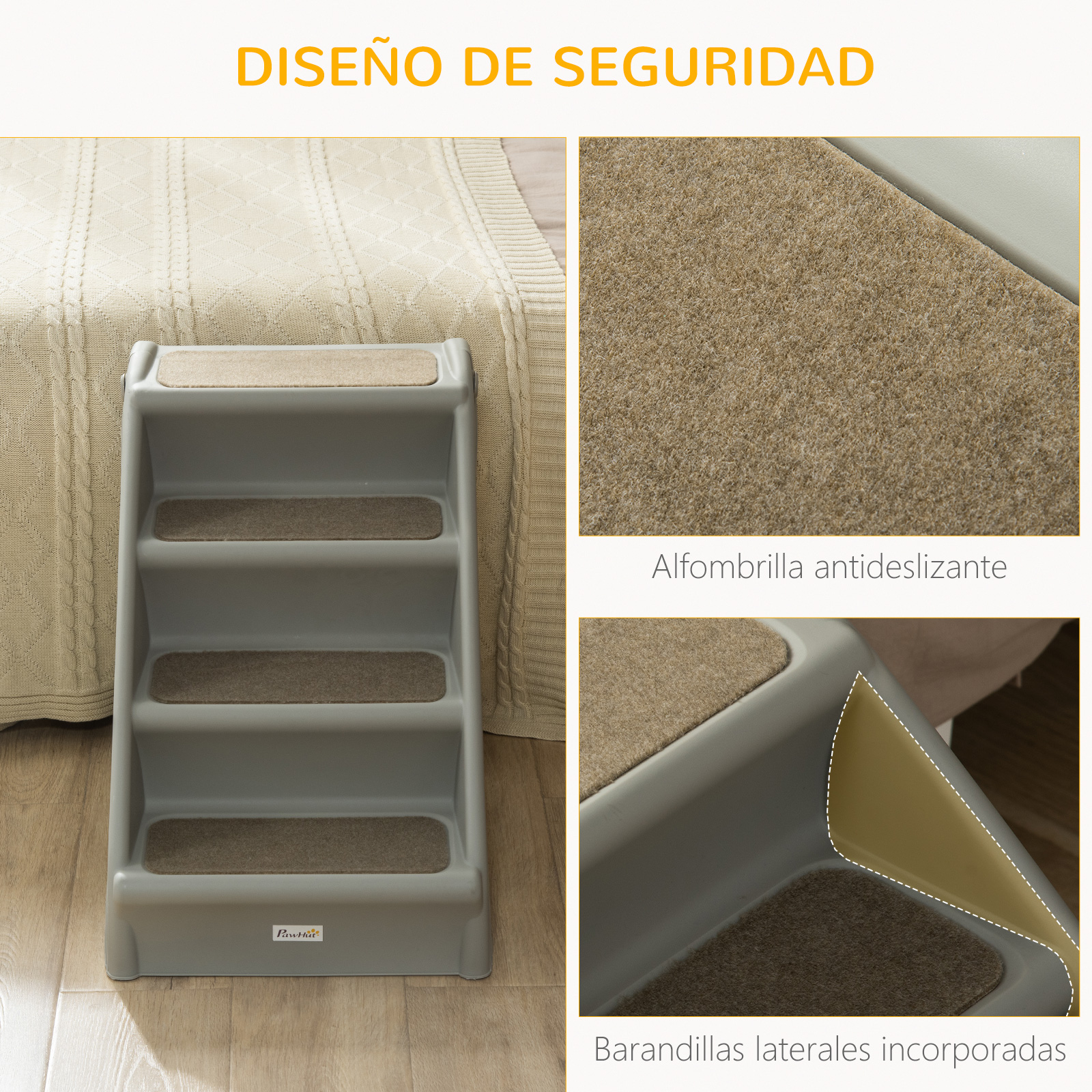 Escaleras grises para mascotas con peldaños antideslizantes y barandillas laterales, detalles del diseño.