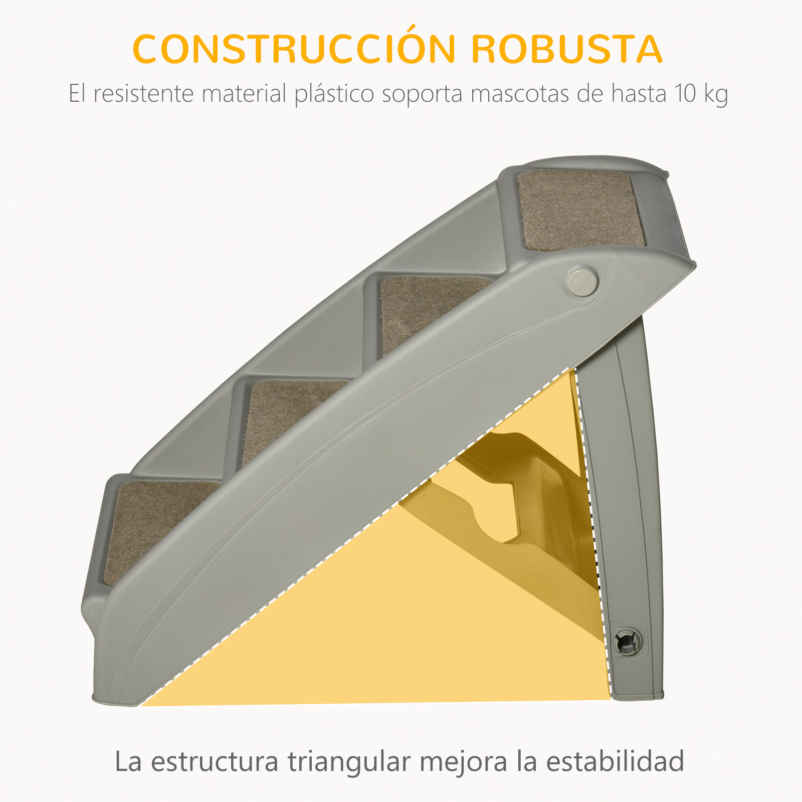 Una escalera gris para mascotas con tres escalones. Los escalones están cubiertos de un material marrón claro. Se ve una base amarilla.
