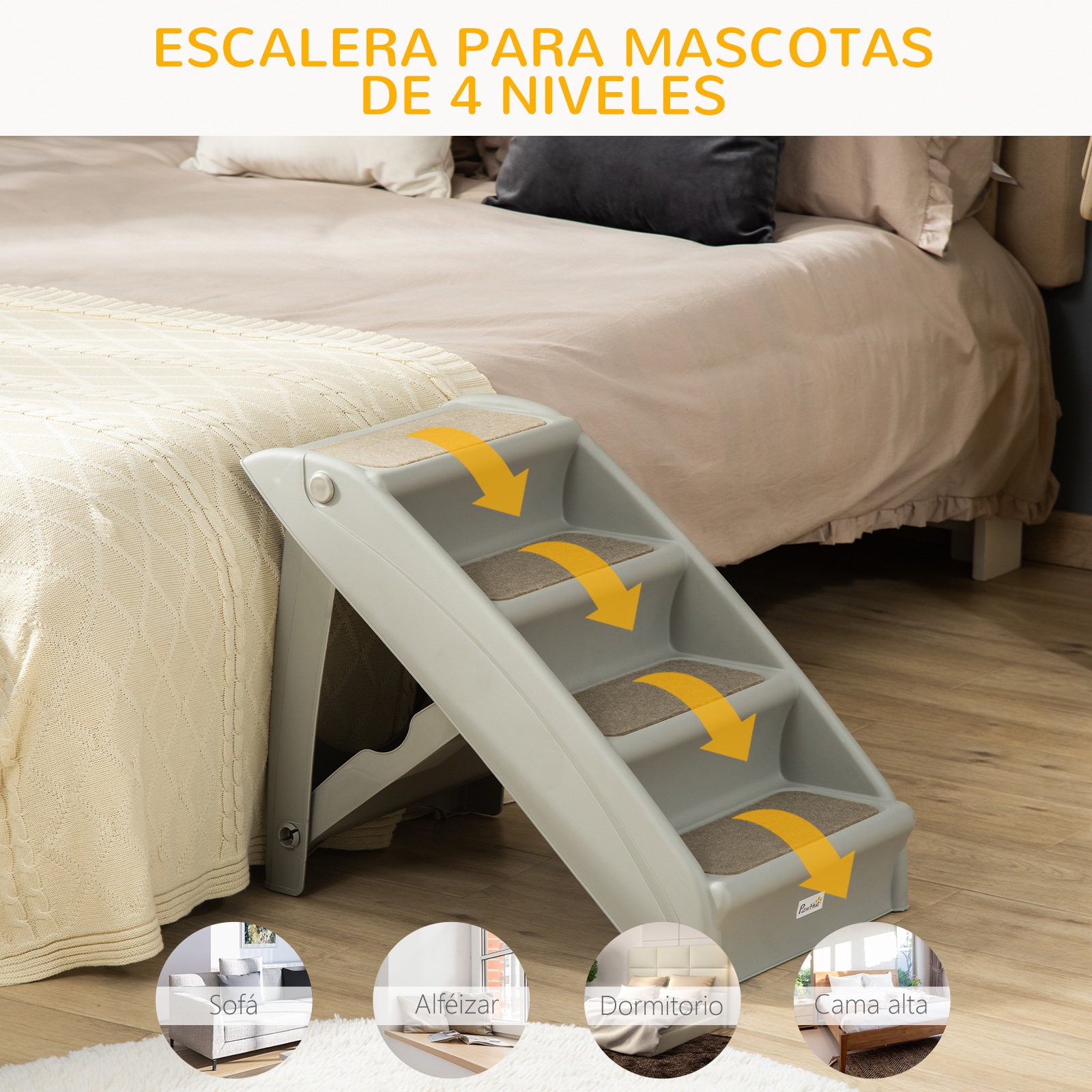 Escaleras grises para mascotas. Cuatro escalones con flechas que indican la dirección.