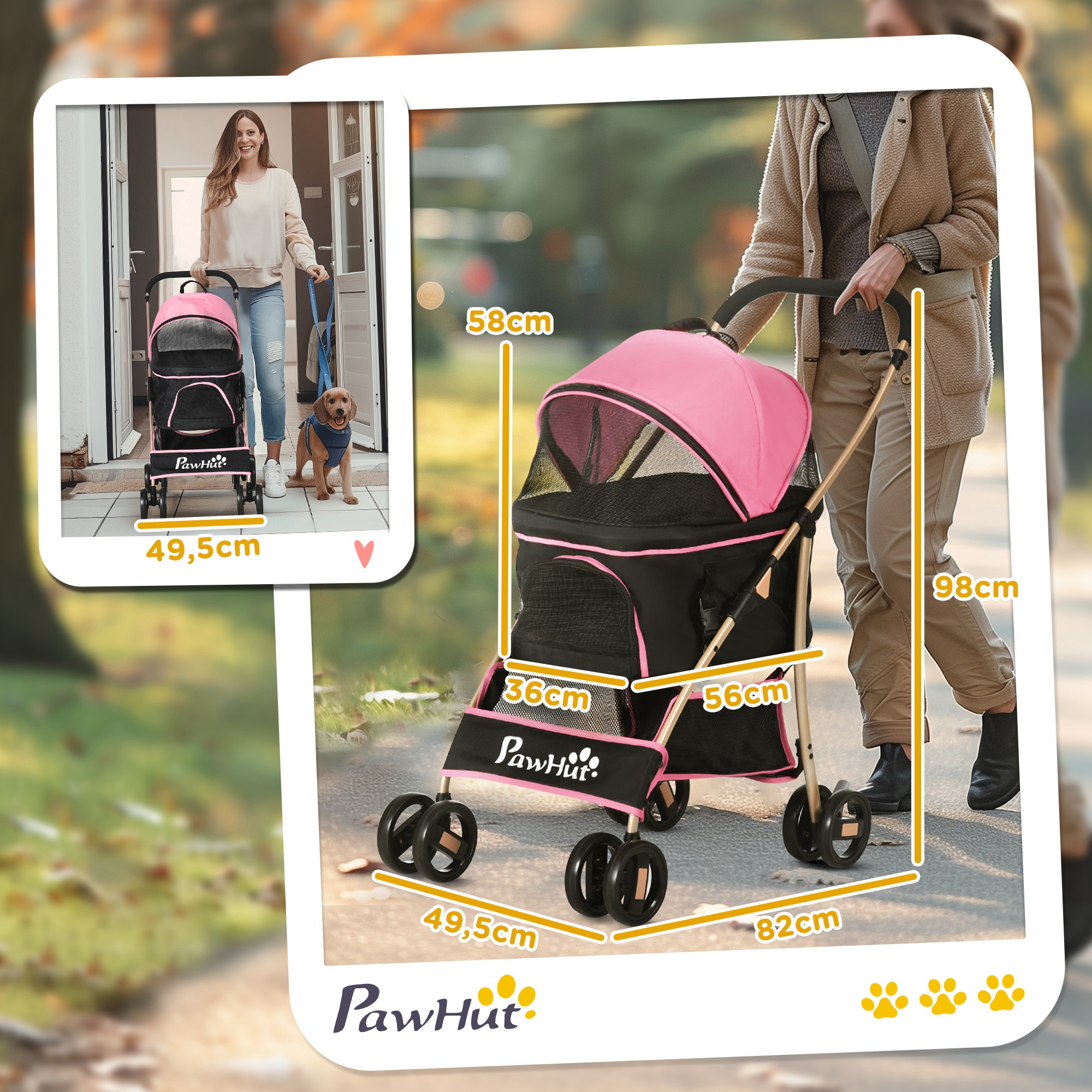 Un cochecito rosa para mascotas con dimensiones, y una mujer paseando con un perro con correa.