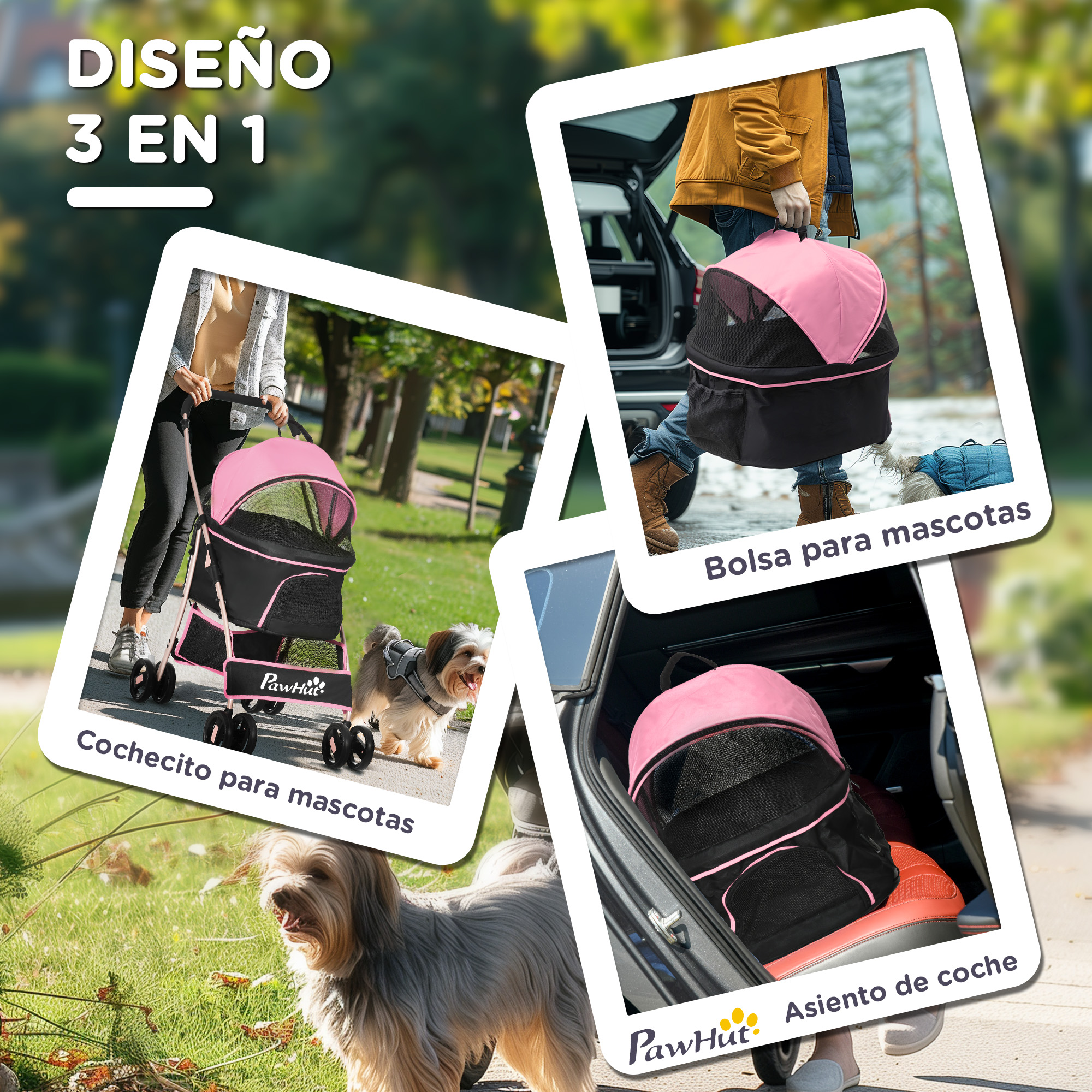 Imágenes que muestran un cochecito para mascotas, una bolsa de transporte y un asiento para el coche, todos con diseño rosa y negro.