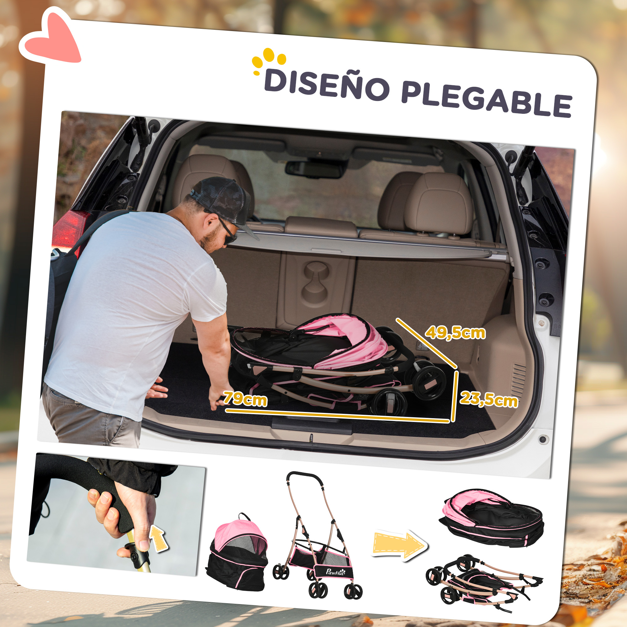 Hombre doblando un cochecito rosa para mascotas. Dimensiones: 79x49,5x23,5cm. Incluye bolsa de transporte.