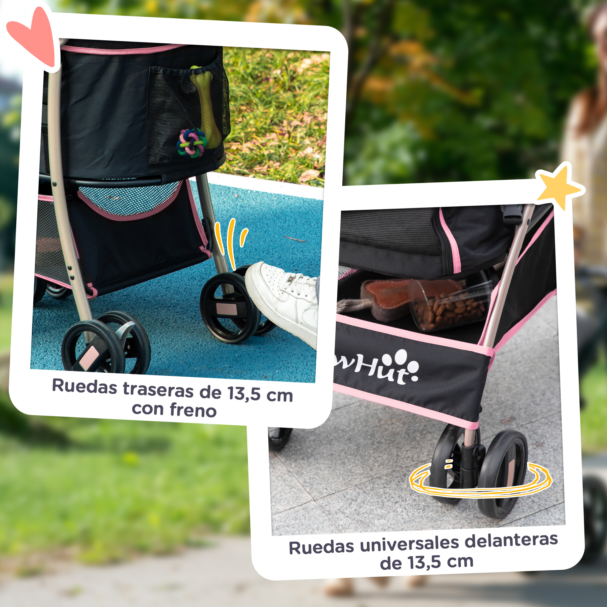 Cochecito para perros con tela negra, ribete rosa, ruedas delanteras, traseras con freno y cesta.