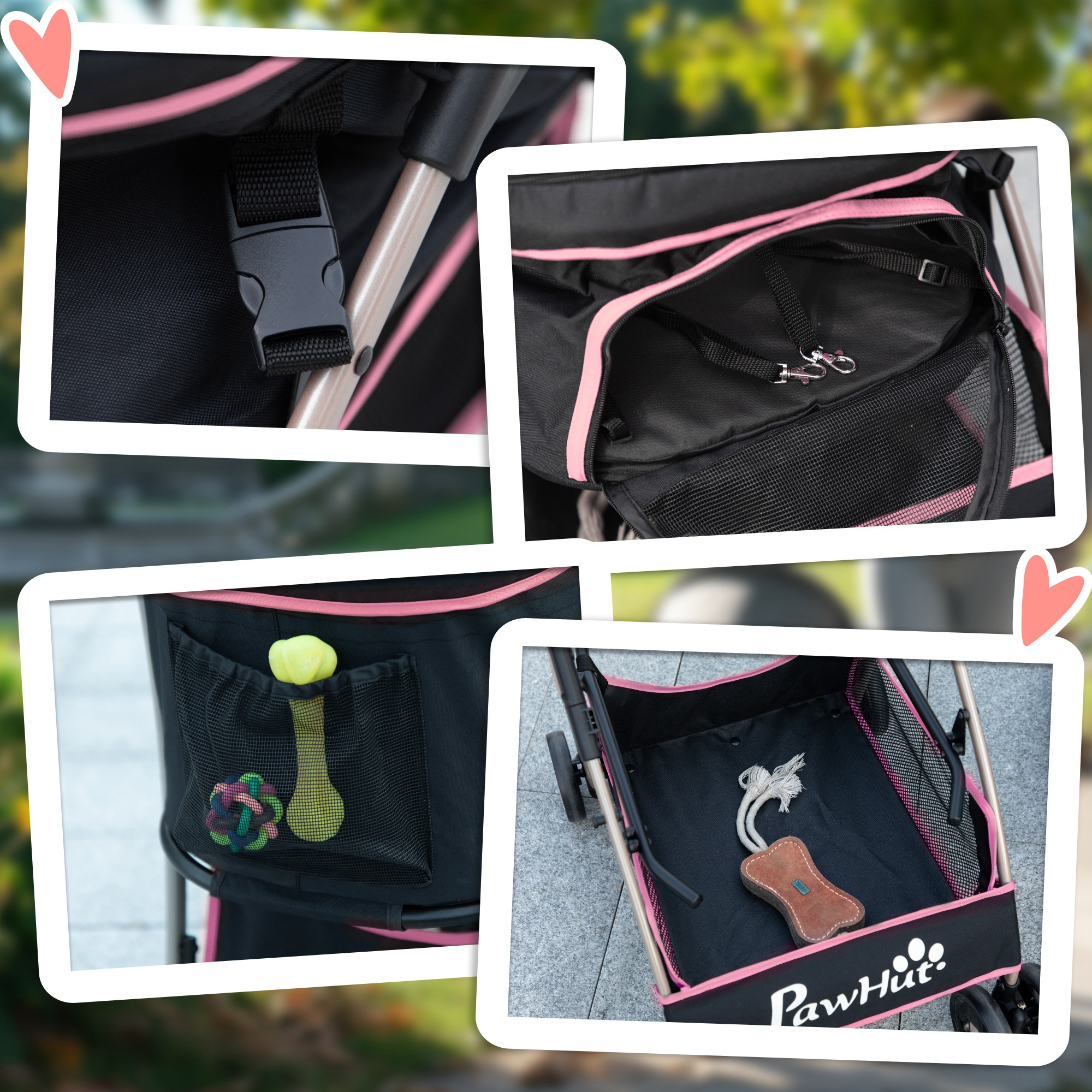 Collage de detalles de cochecito para perros. Incluye hebilla, bolsillos de malla y un juguete dentro.