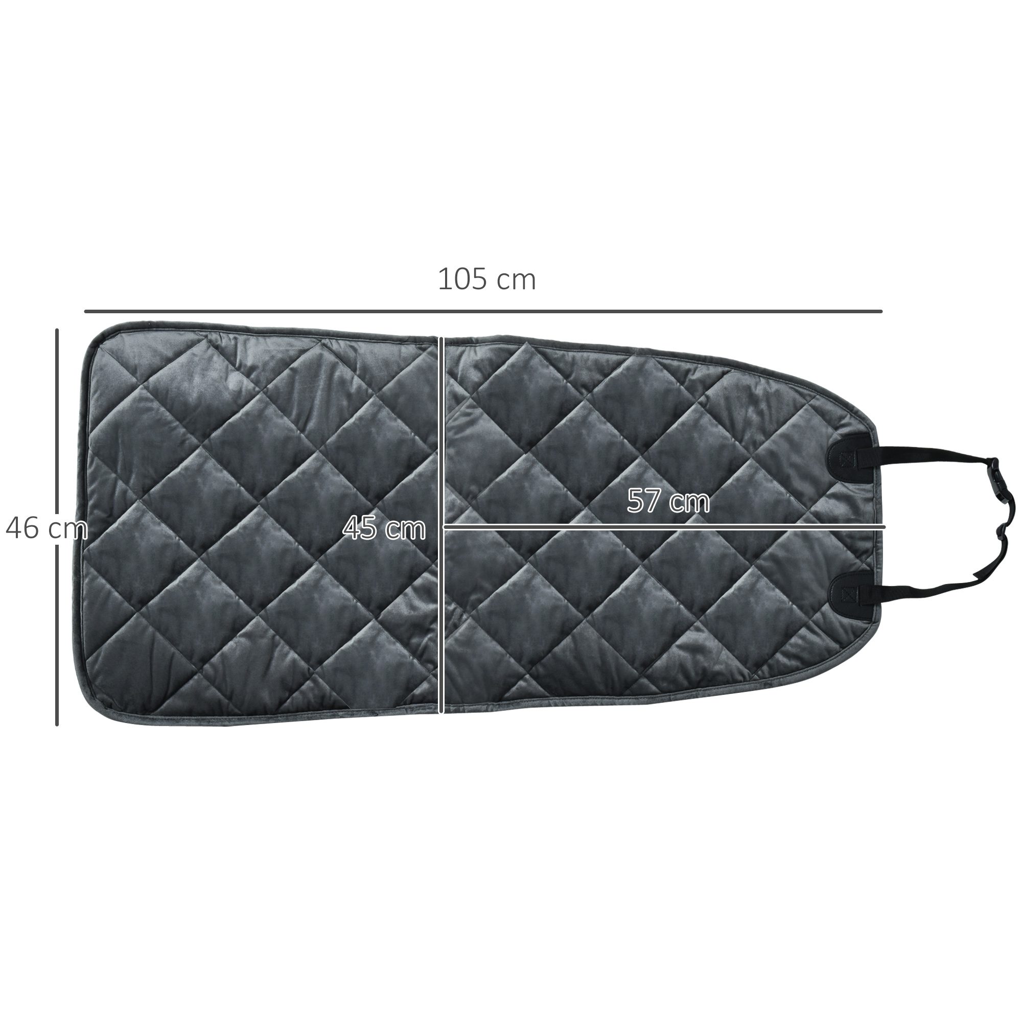 Una cubierta larga, acolchada, de color gris oscuro con medidas. Se utiliza como protector de asiento de coche.