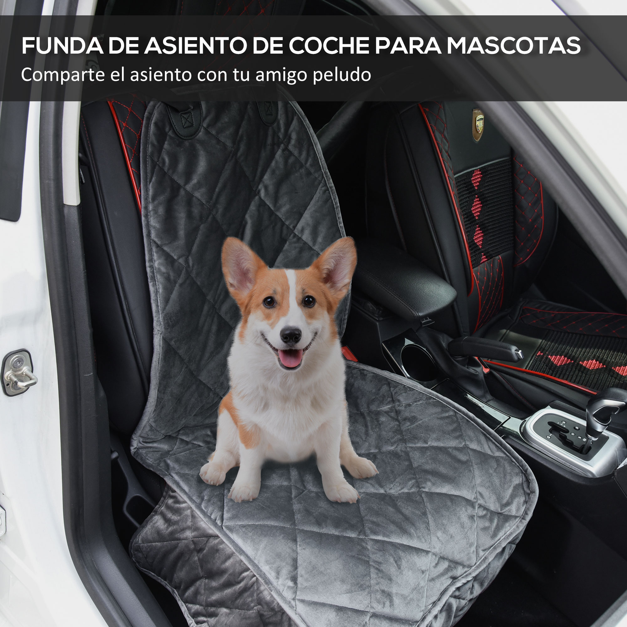 Perro sentado en una funda de asiento de coche. La funda es gris y acolchada. El interior del coche está en el fondo.