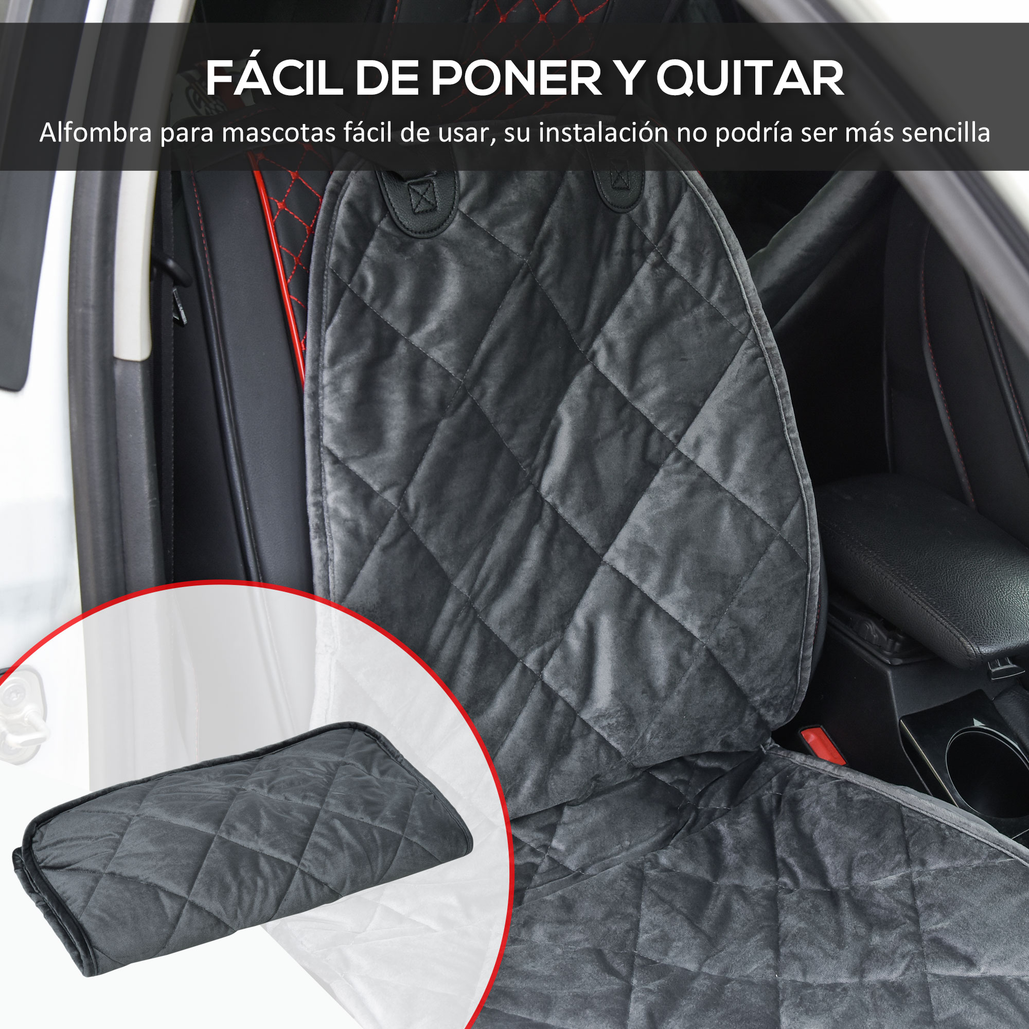 Funda de asiento de coche, patrón acolchado gris. La imagen muestra la funda plegada.