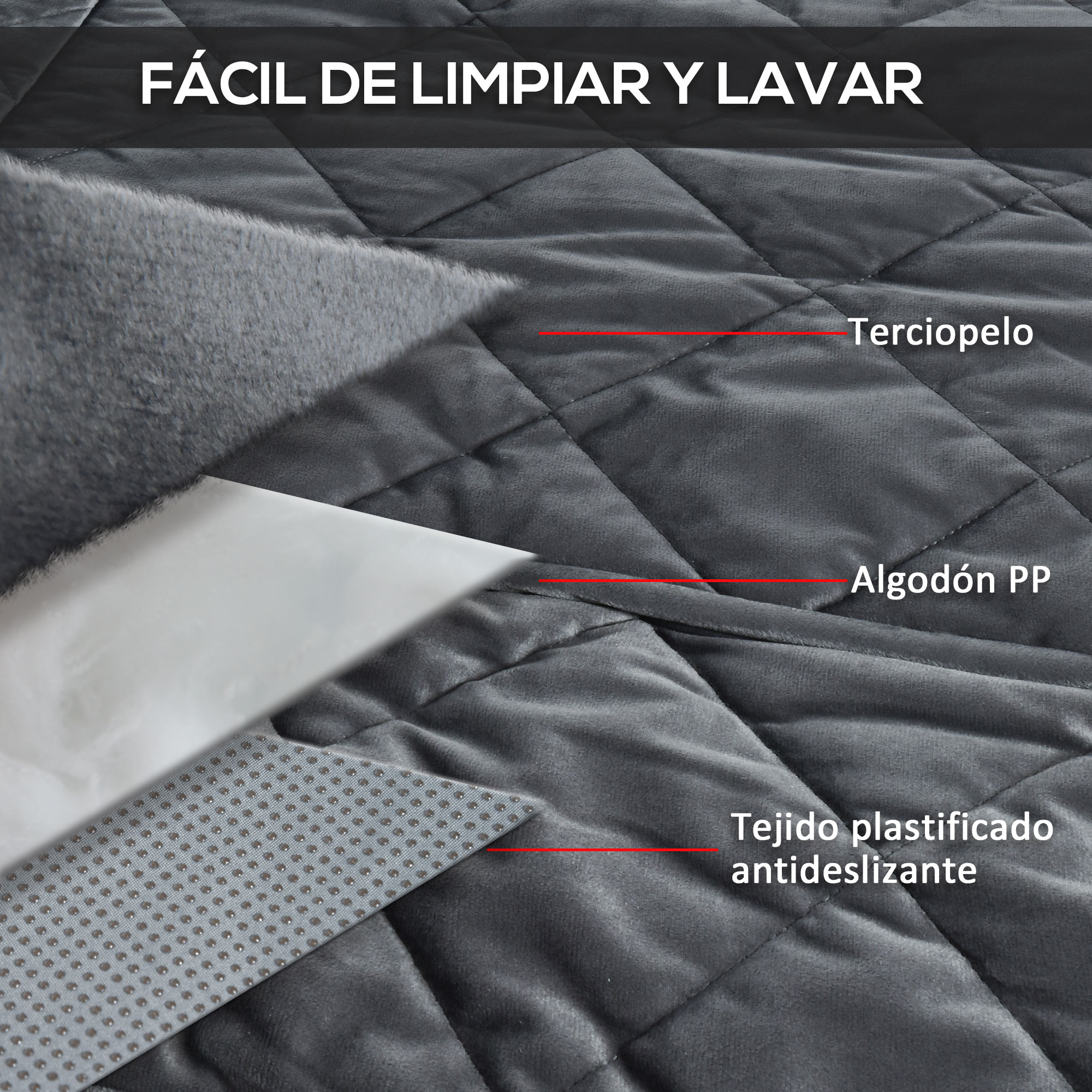 Vista de cerca de capas de tela: terciopelo, algodón PP y tela de plástico antideslizante.
