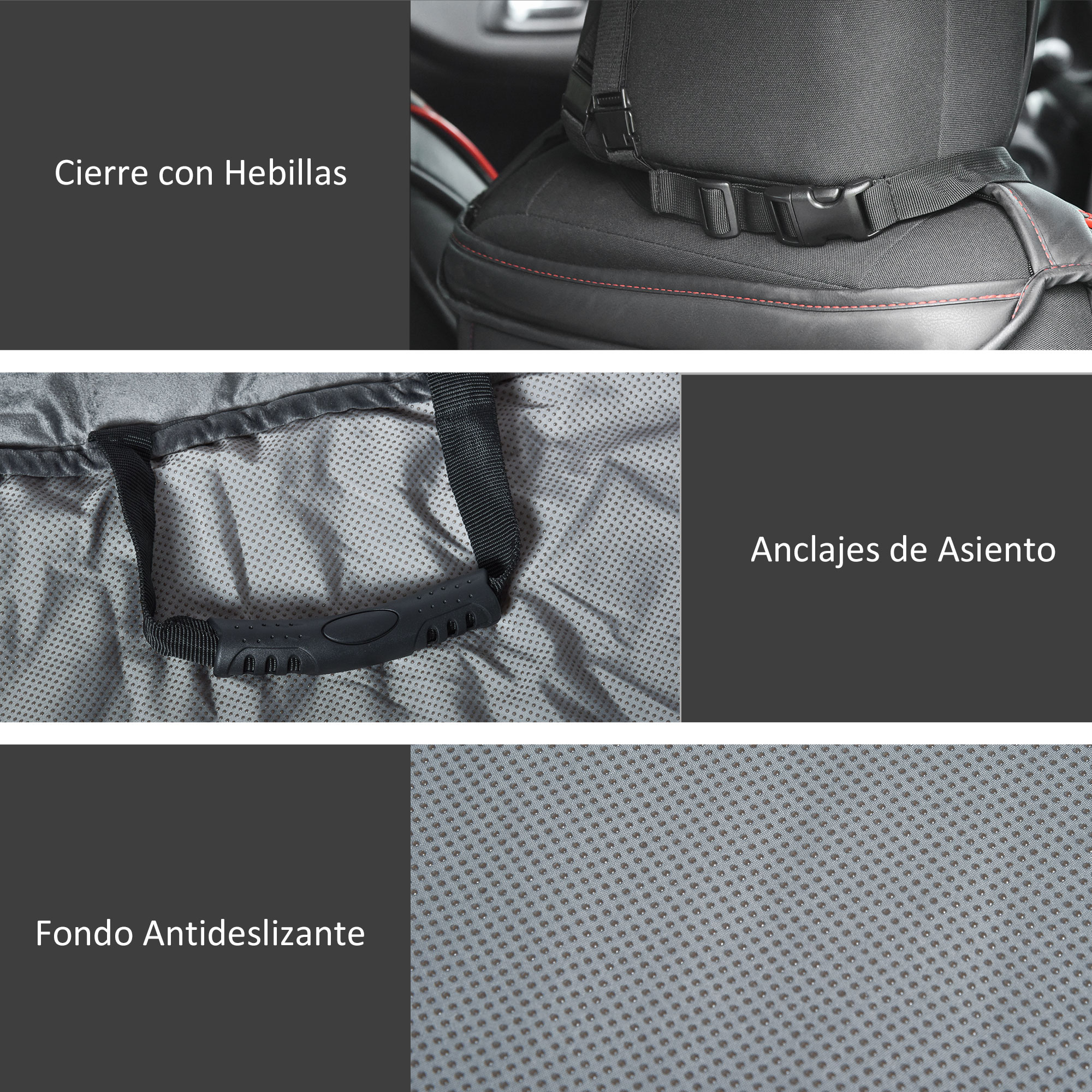 Primer plano de las características de la funda del asiento del coche: cierre de hebilla, anclajes del asiento y base antideslizante.