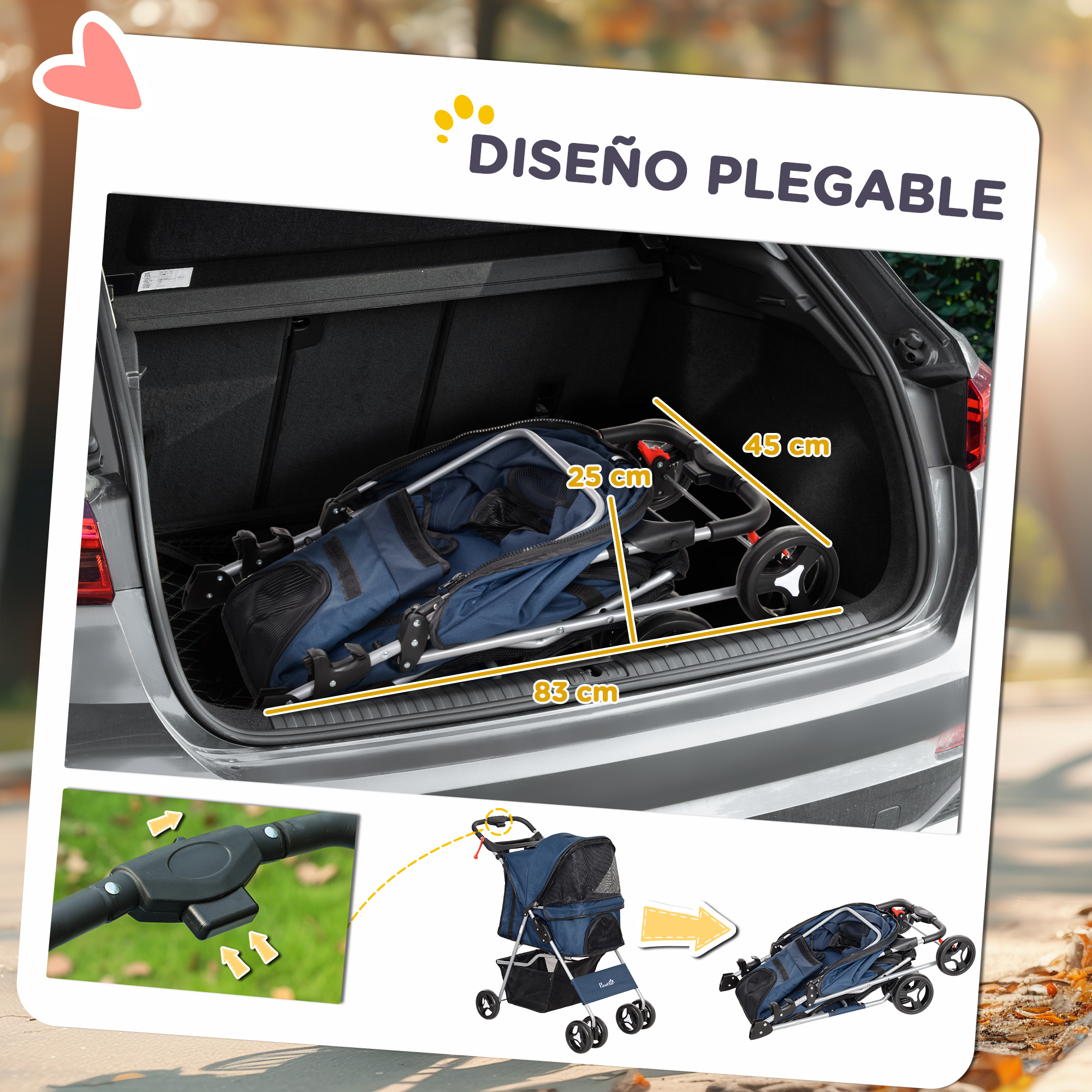 Cochecito plegable para mascotas dentro del maletero de un coche. Se muestran medidas y controles.