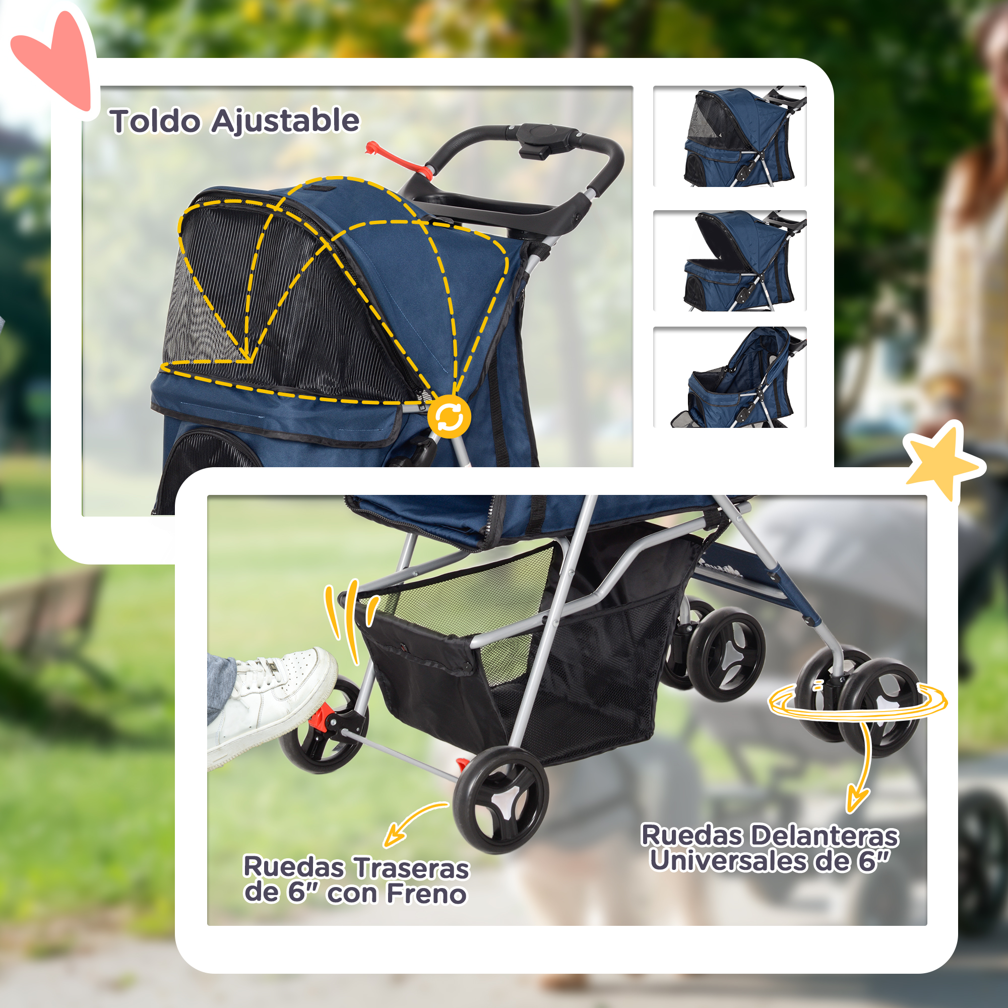 Cochecito para mascotas con capota ajustable. Incluye ruedas traseras con frenos y ruedas delanteras universales de 6". Detalles resaltados.
