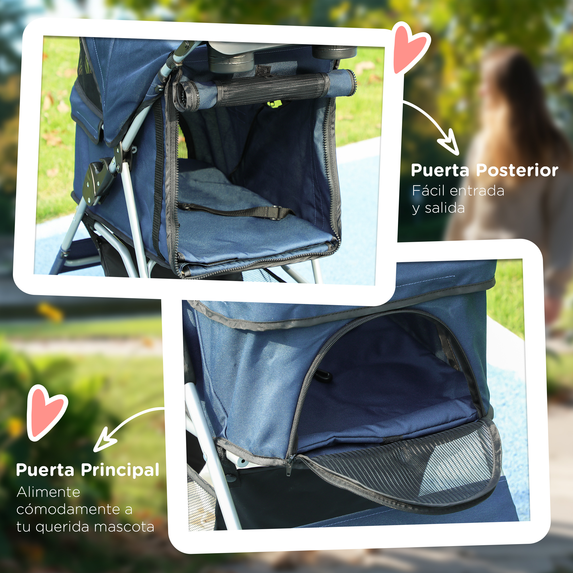 Cochecito azul para mascotas con puertas delanteras y traseras. Las imágenes muestran un primer plano de las puertas y una persona en el fondo.