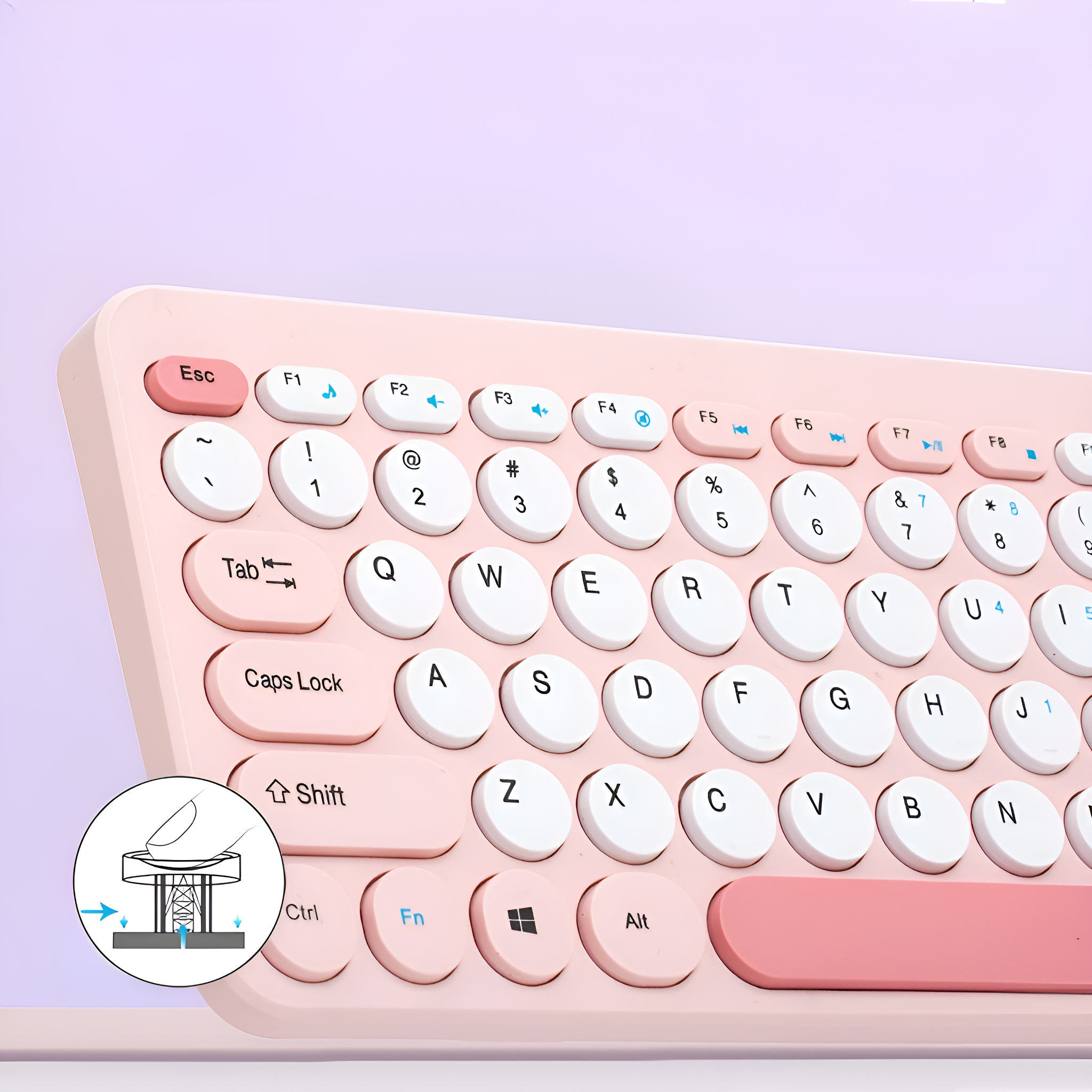 Nahaufnahme einer rosa kabellosen Tastatur mit weißen runden Tasten. Die Tastatur enthält Funktionstasten und ein kleines Diagramm.