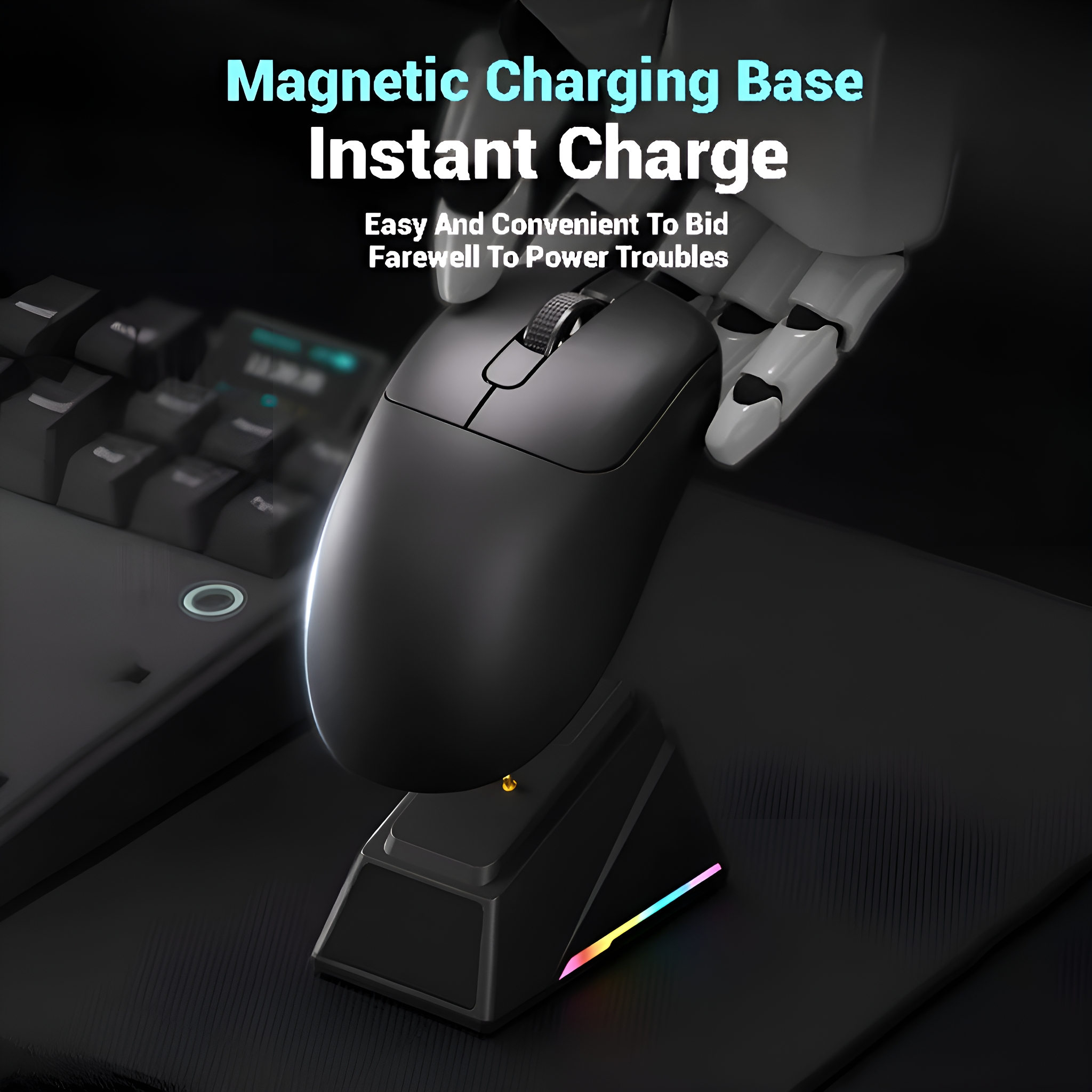 Schwarze Maus auf Ladestation mit Leuchten. Text: Magnetic Charging Base, Instant Charge.