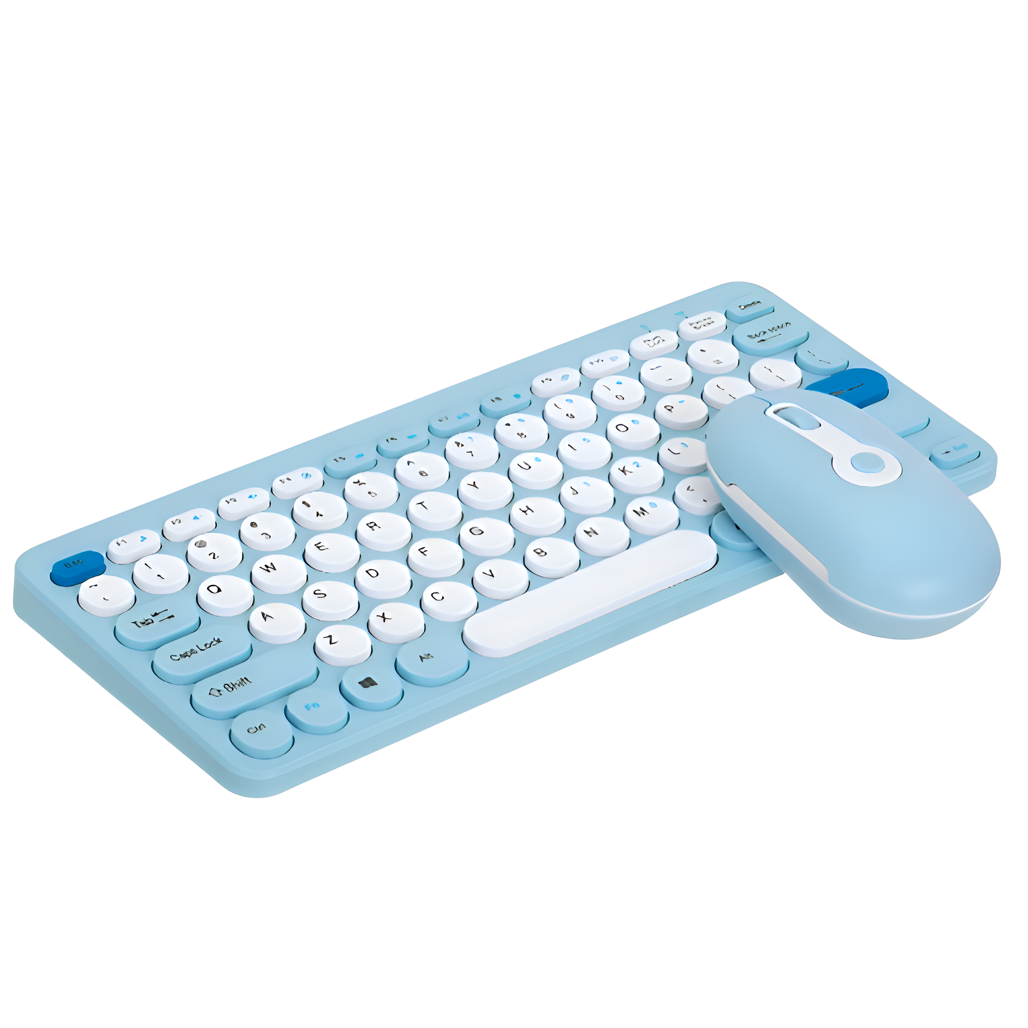 Blaue Tastatur und Maus. Die Tastatur hat weiße Tasten und die Maus ist weiß. Die Tastatur ist klein und flach.