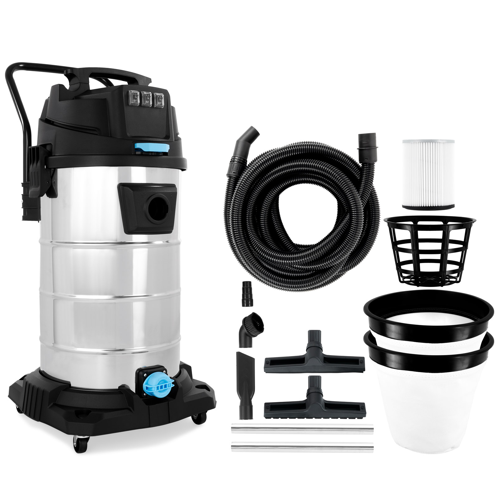 Ein silberner Staubsauger mit Zubehör, darunter ein Schlauch, Filter und Reinigungsköpfe, vor weißem Hintergrund.
