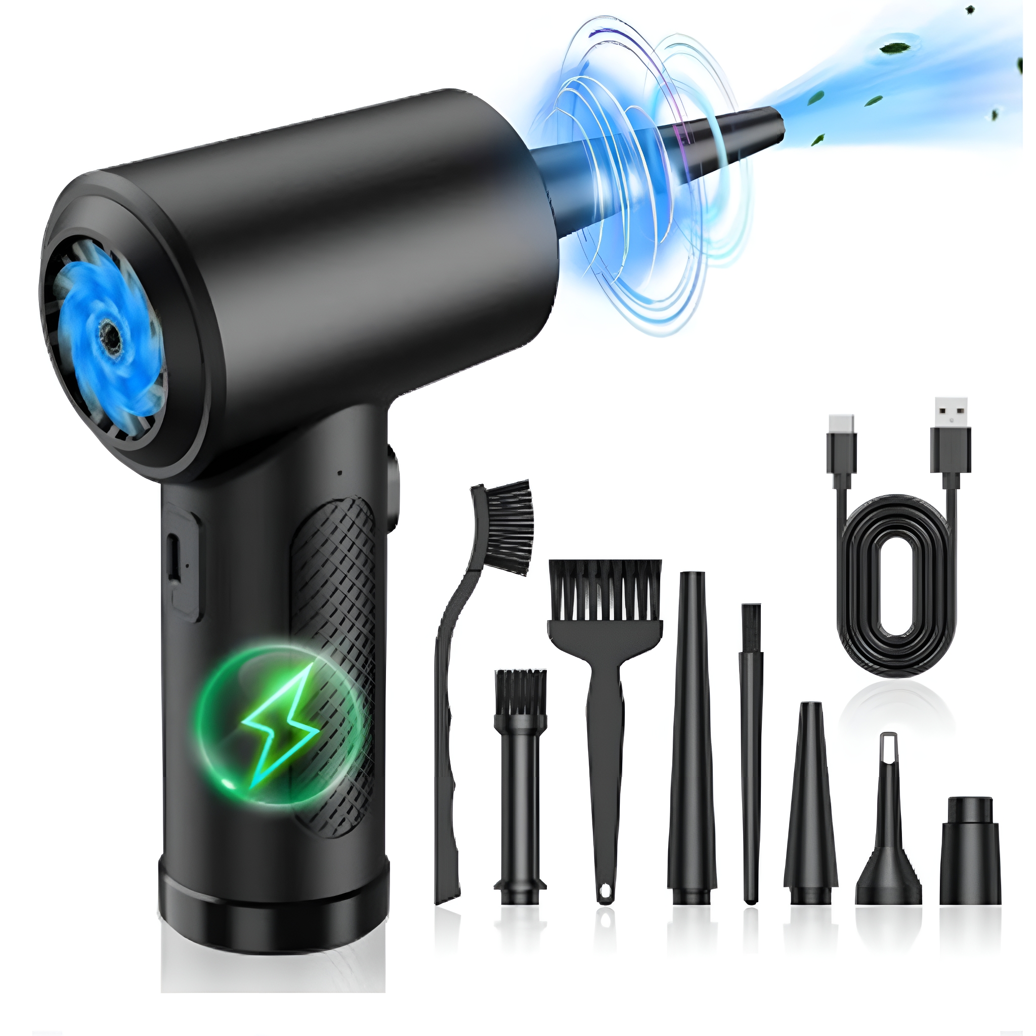 Schwarzer Luftentstauber mit Zubehör. Enthält Düsen, Bürsten und USB-Kabel. Ein blauer Luftstrom ist sichtbar.