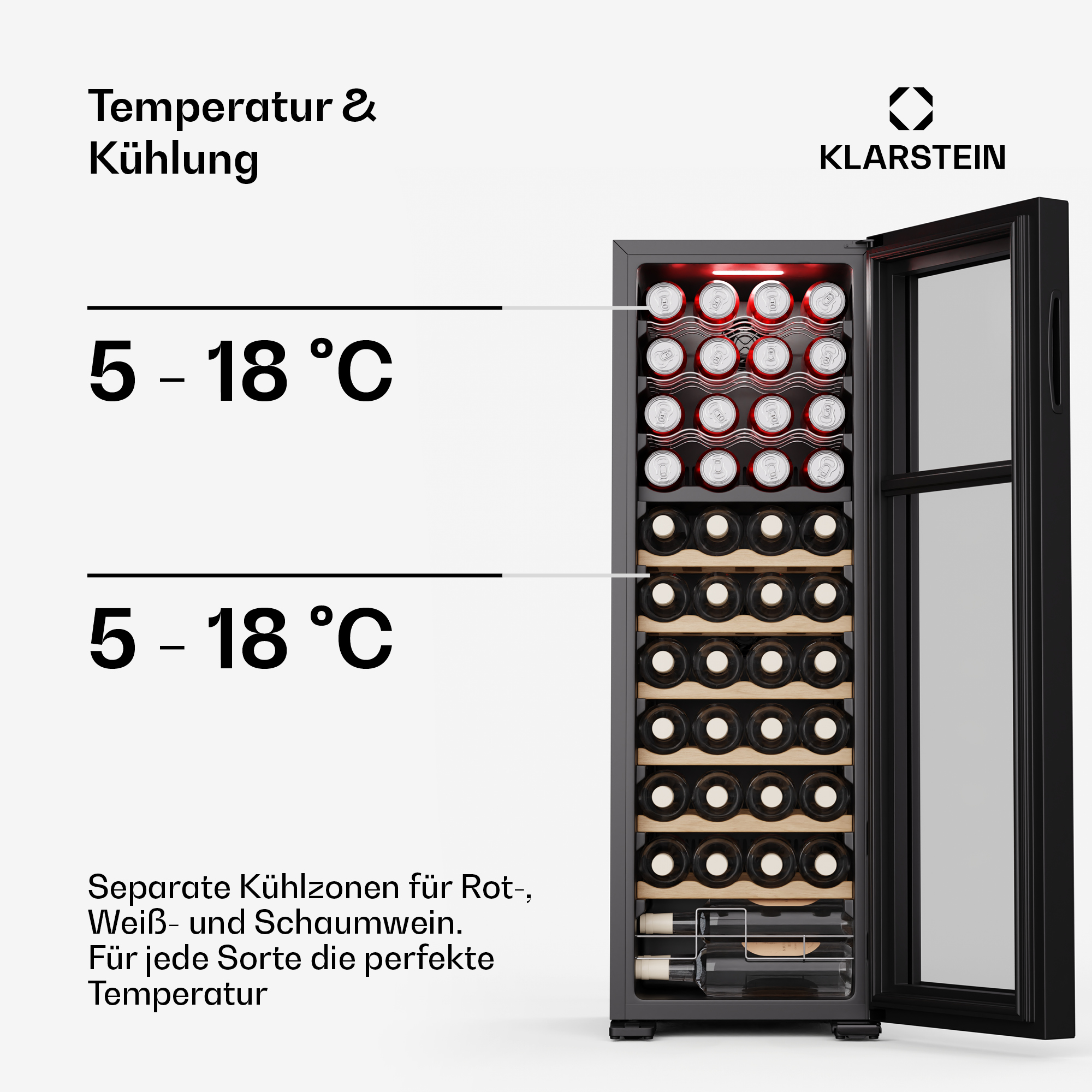 Cantinetta con bottiglie di vino e lattine, display della temperatura ed esterno nero.