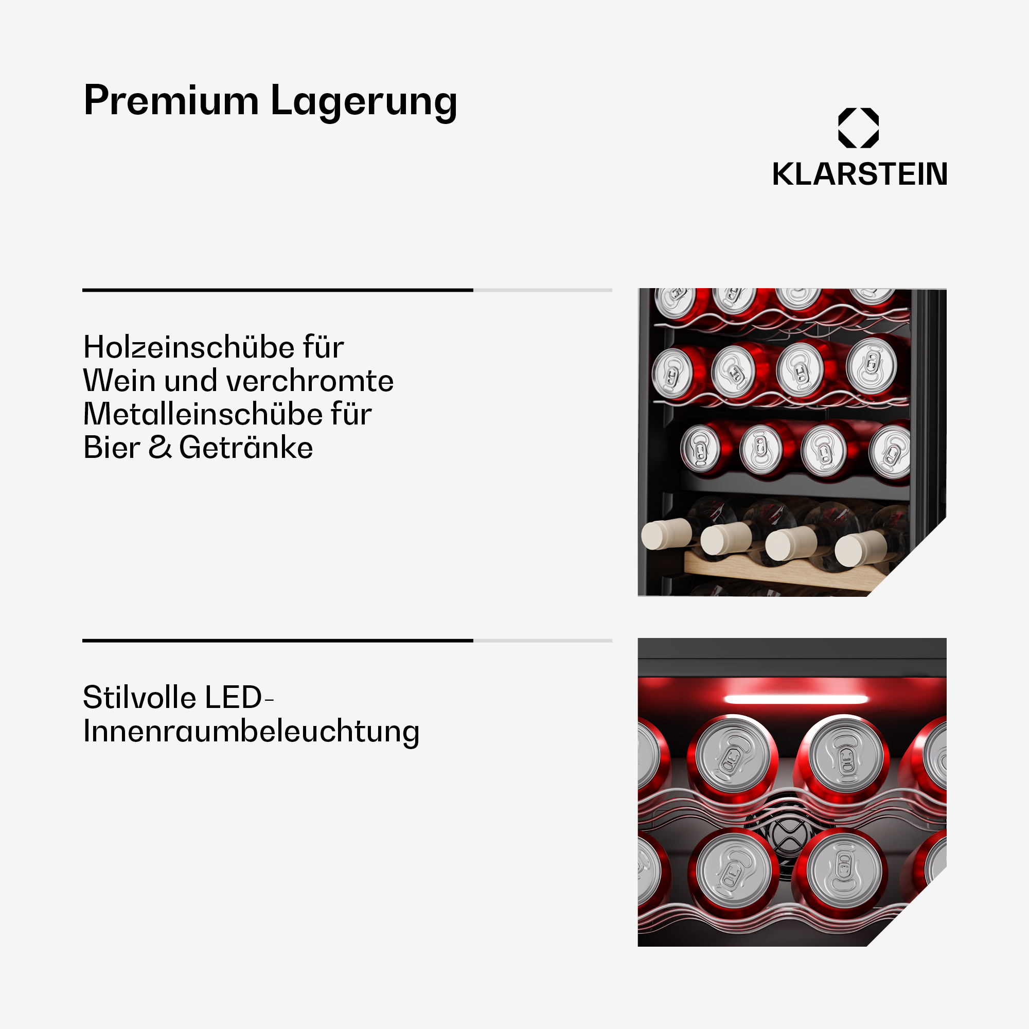 Mini frigo con lattine rosse, bottiglie e illuminazione a LED. Il testo descrive lo stoccaggio premium.