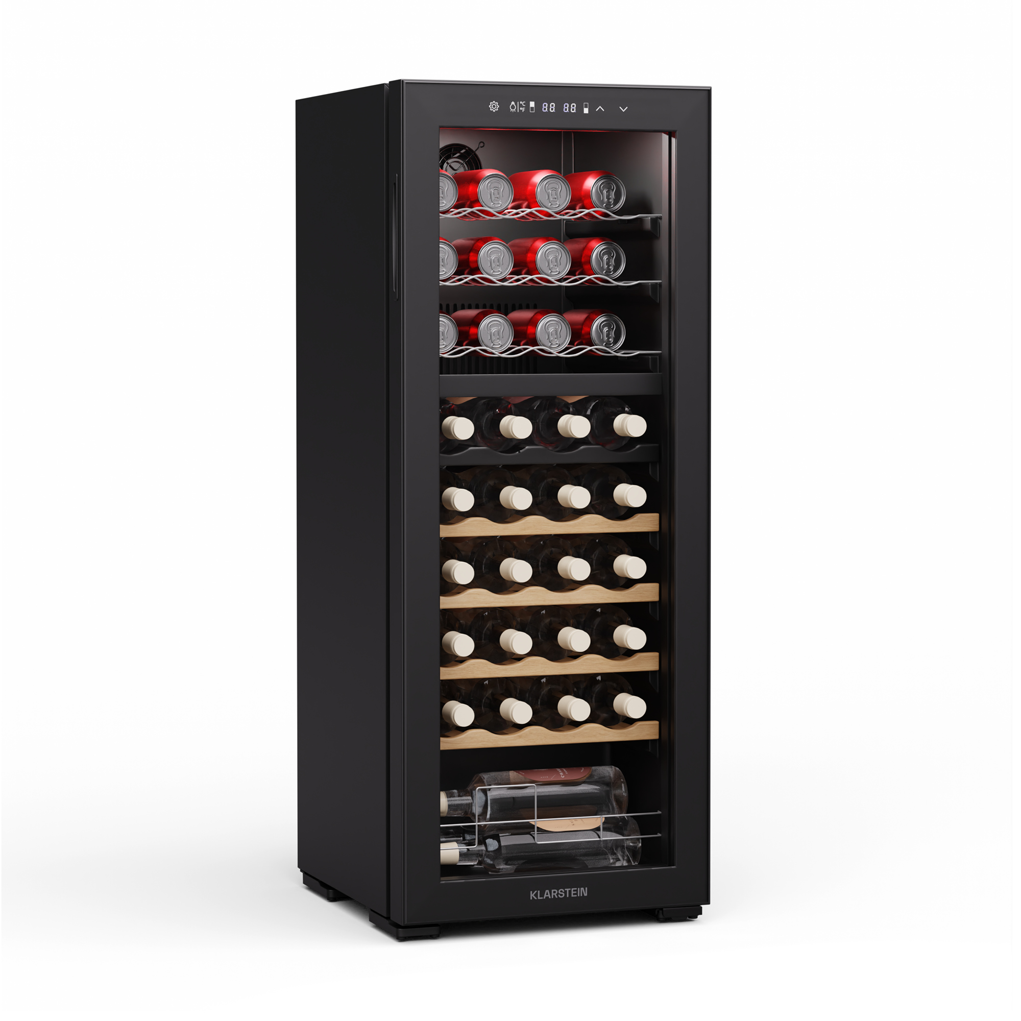 Cantinetta nera con porta a vetro. All'interno, lattine rosse e bottiglie di vino.