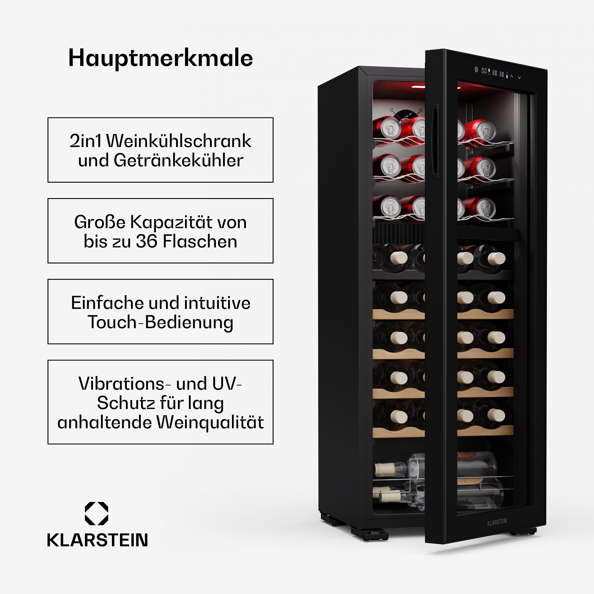 Un refrigeratore per vino nero con porta aperta. Testo: Refrigeratore per vino e bevande 2 in 1, fino a 36 bottiglie, touch.