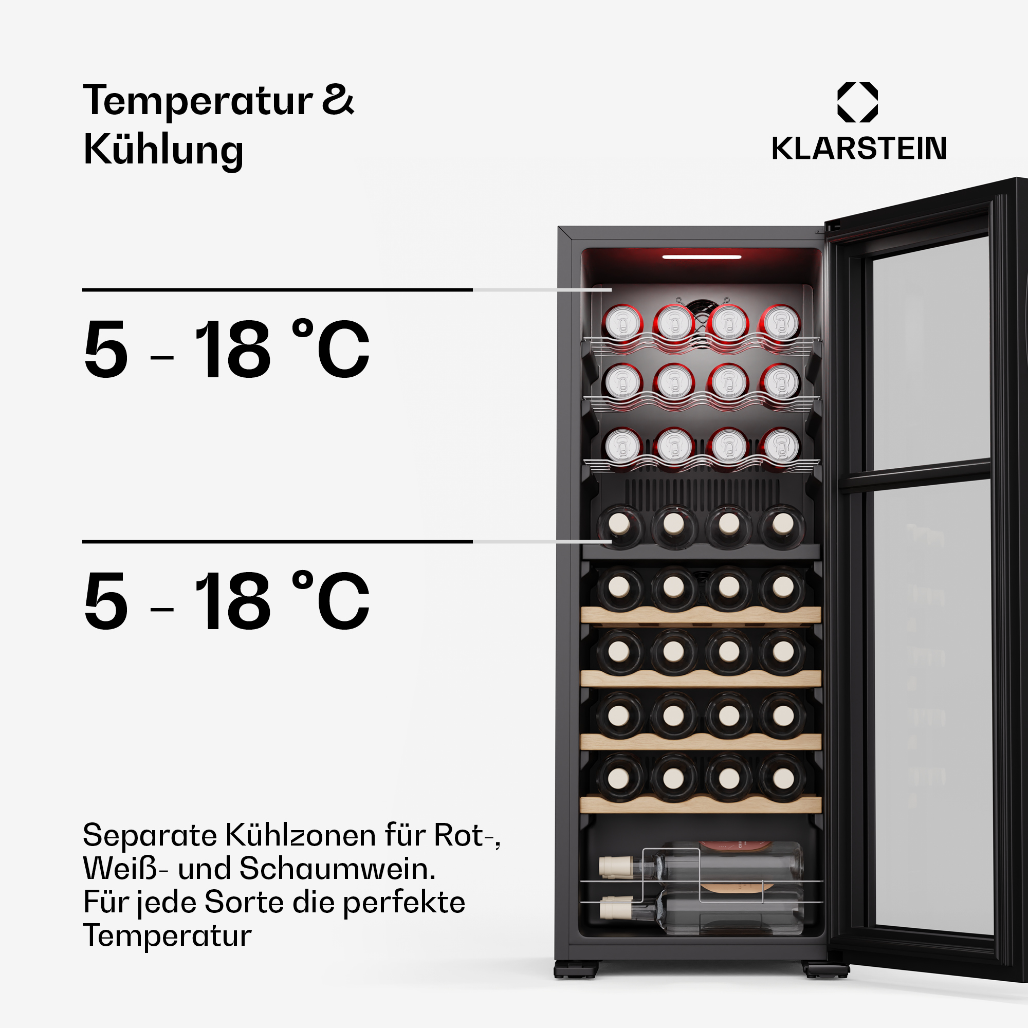 Cantinetta con ripiani. Mostra bottiglie e lattine. Sono mostrati intervalli di temperatura.