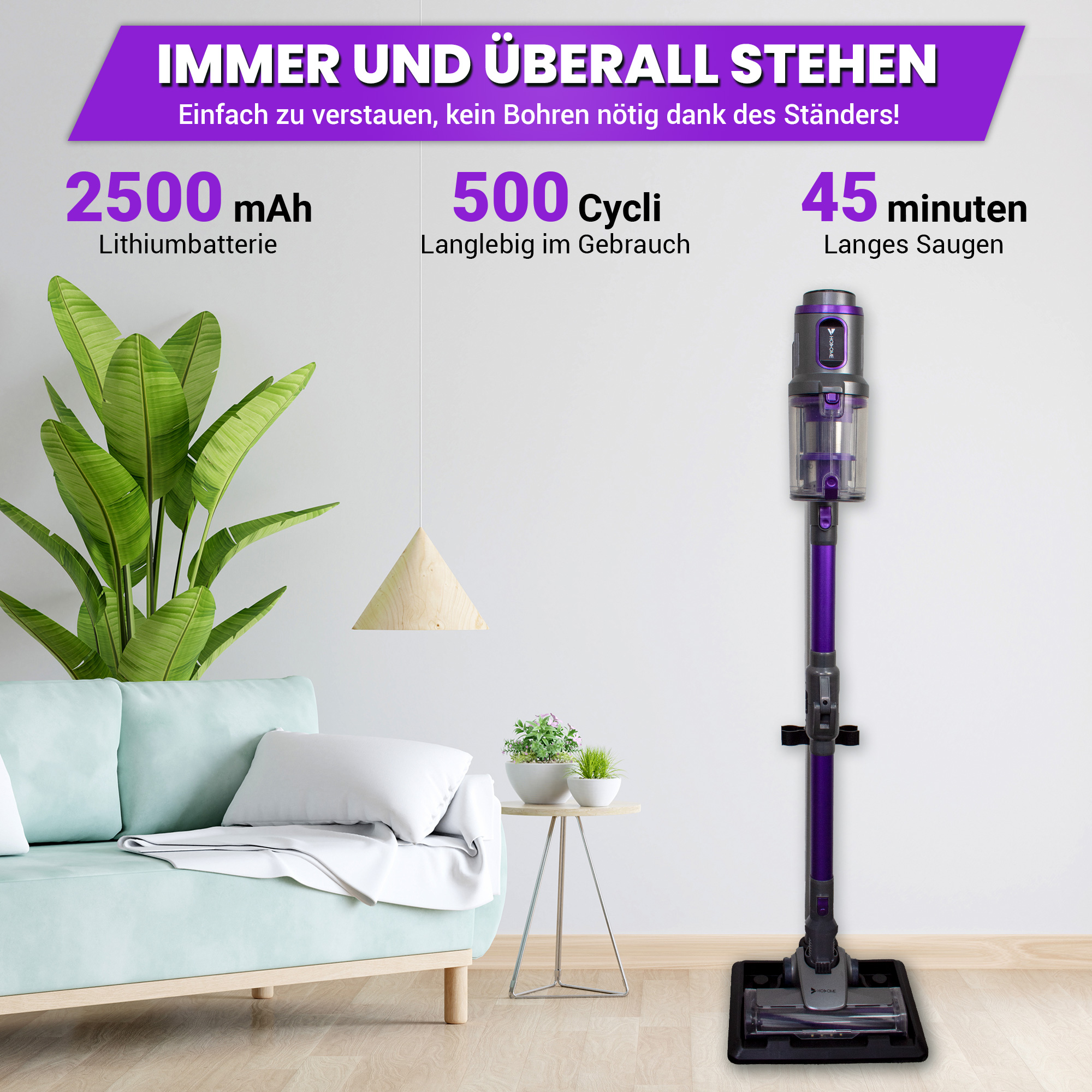 Ein lila-schwarzer Staubsauger steht aufrecht in einem Raum. Spezifikationen werden im Hintergrund angezeigt.