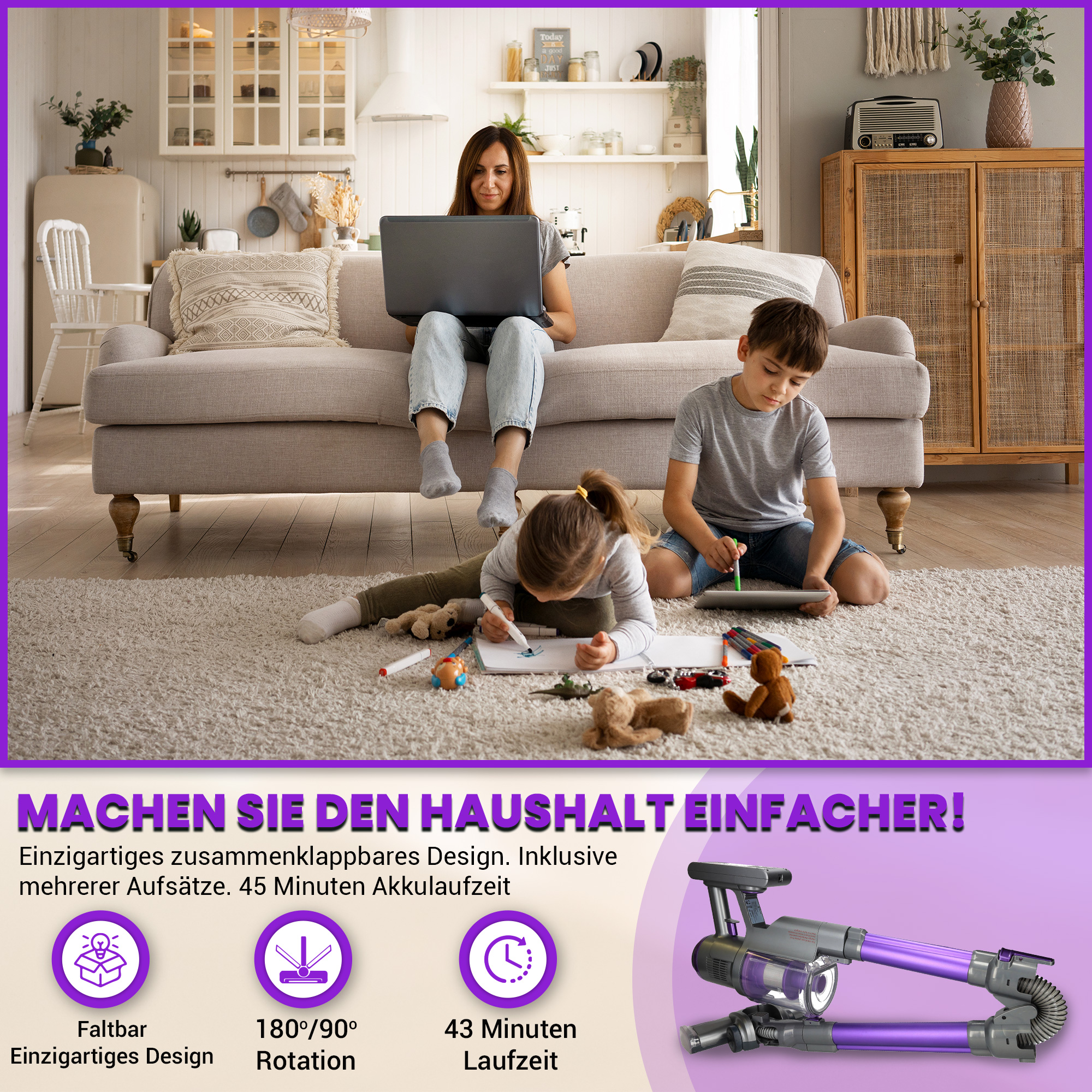 Familienszene. Frau am Laptop, Mädchen zeichnet, Junge mit Tablet und Staubsauger.