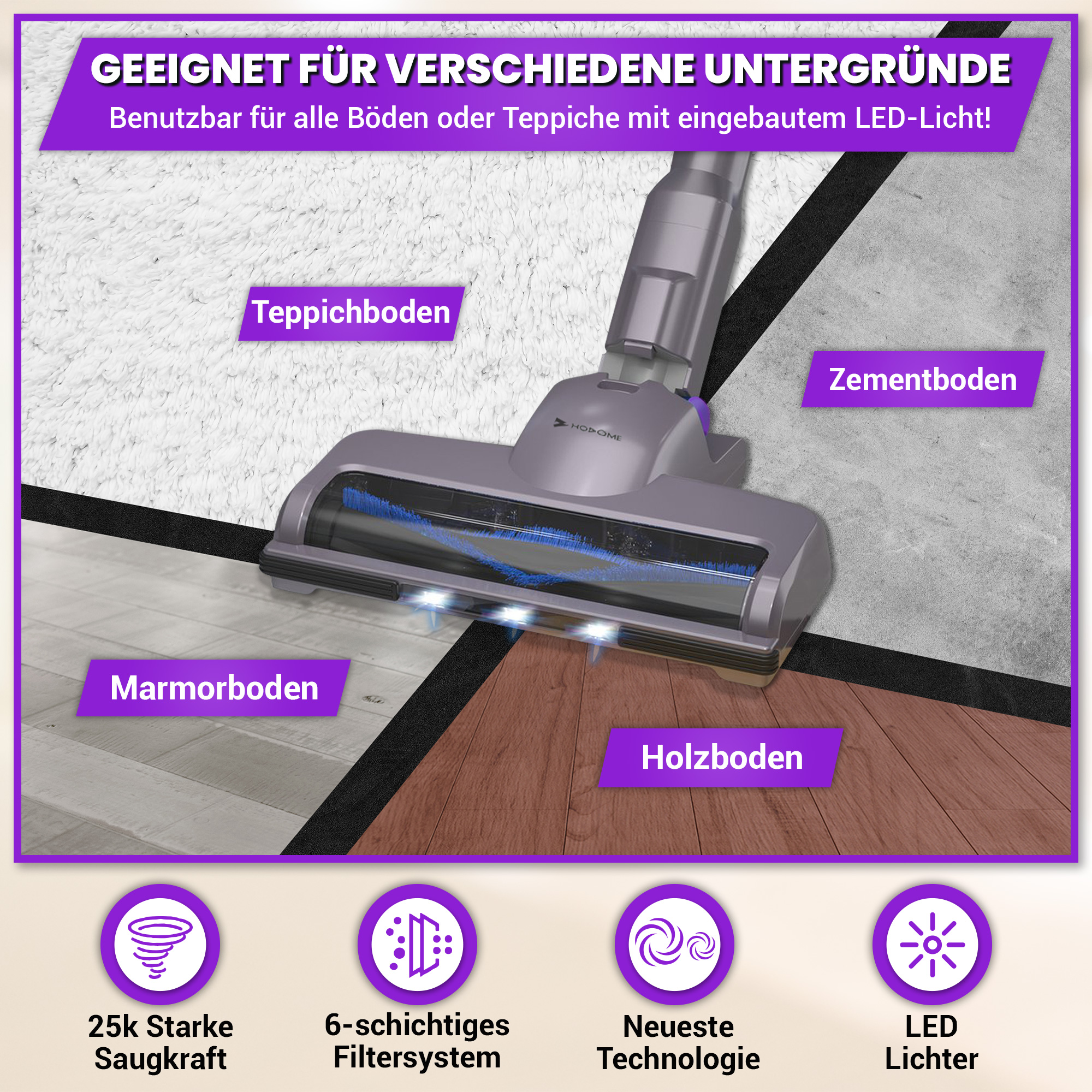Ein Staubsaugerkopf auf verschiedenen Bodenbelägen, darunter Teppich und Holz.