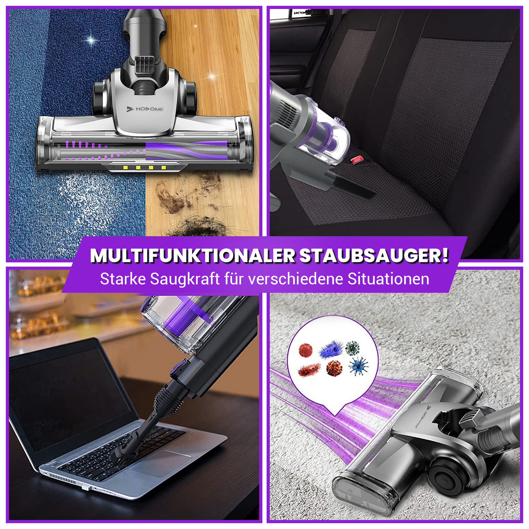 Staubsauger in Aktion. Oben links, Bodenreinigung. Oben rechts, Autositz. Unten links, Laptop. Unten rechts, Teppich.