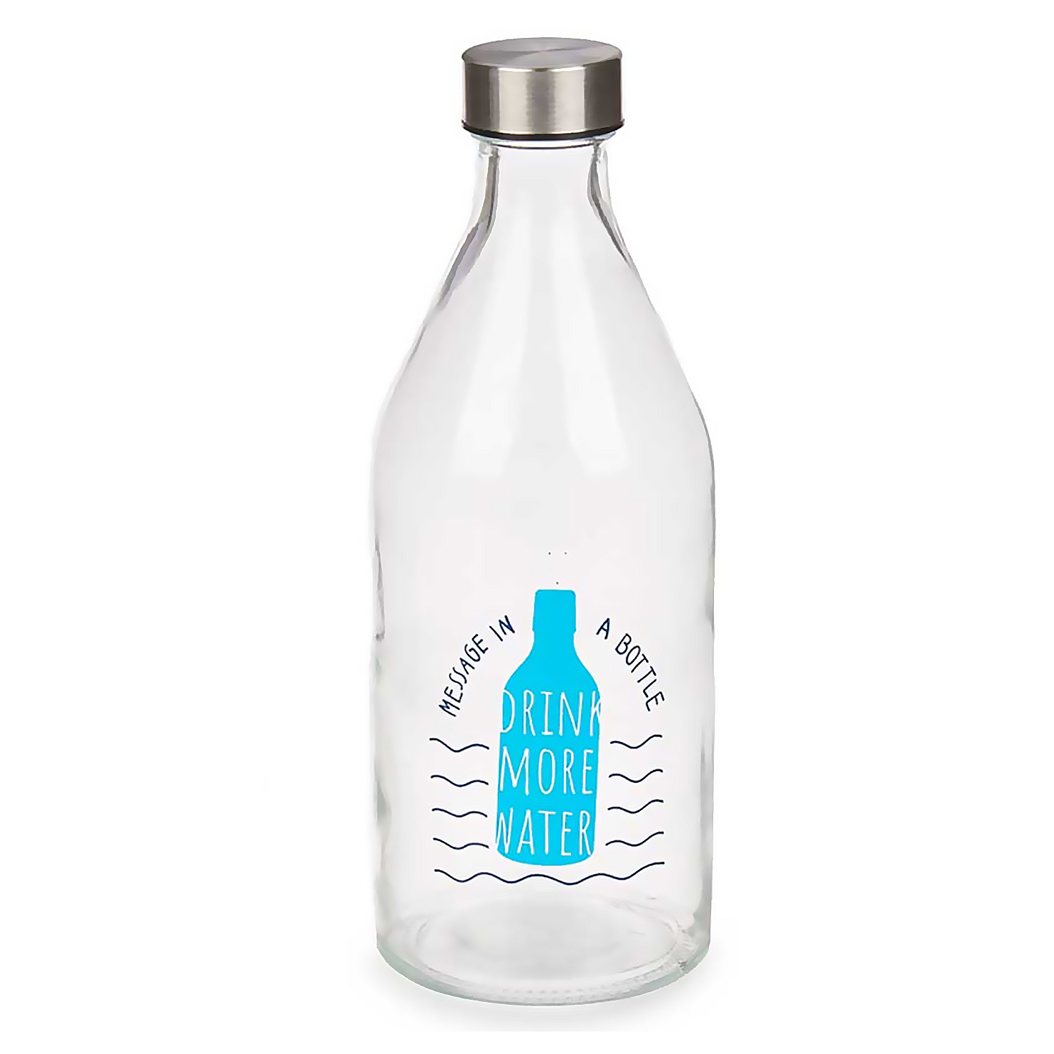 Una botella de agua de vidrio transparente con un diseño de botella azul y el texto 'DRINK MORE WATER'.
