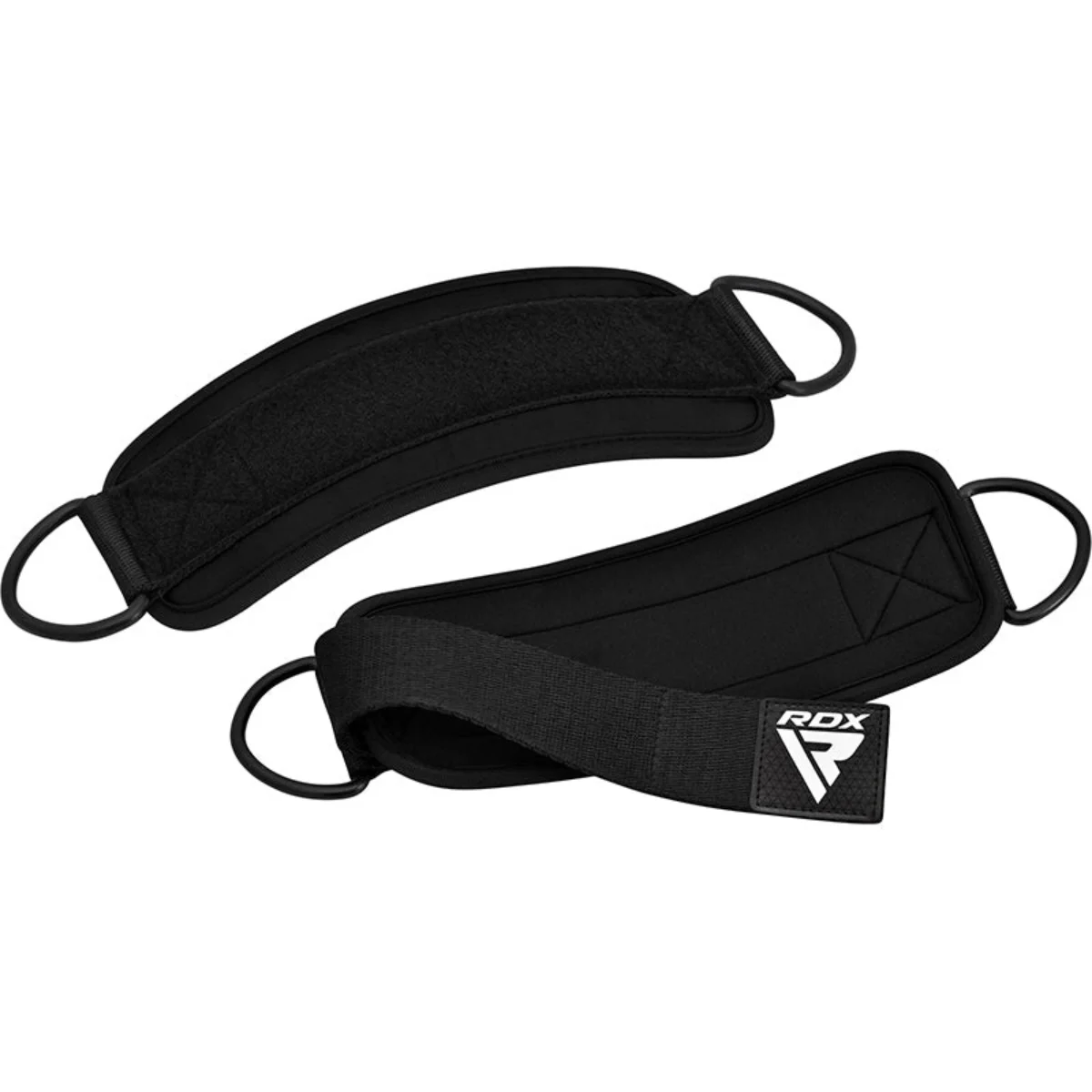 Black ankle straps with loops and velcro. One has an RDX logo.