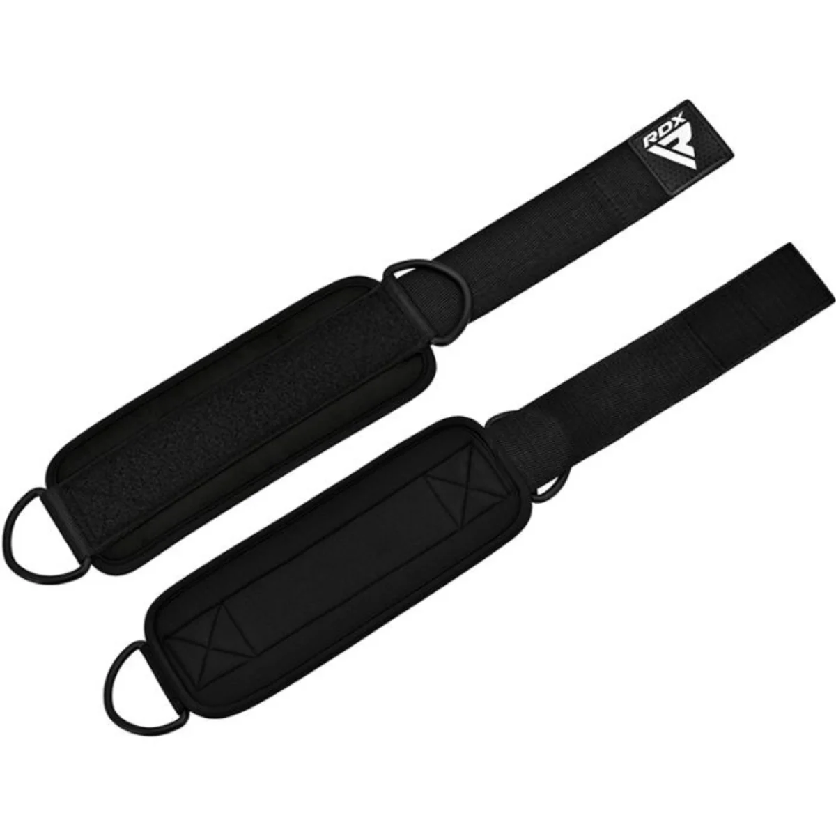 Black ankle straps with a velcro closure and a metal ring. The brand name RDX is visible.
