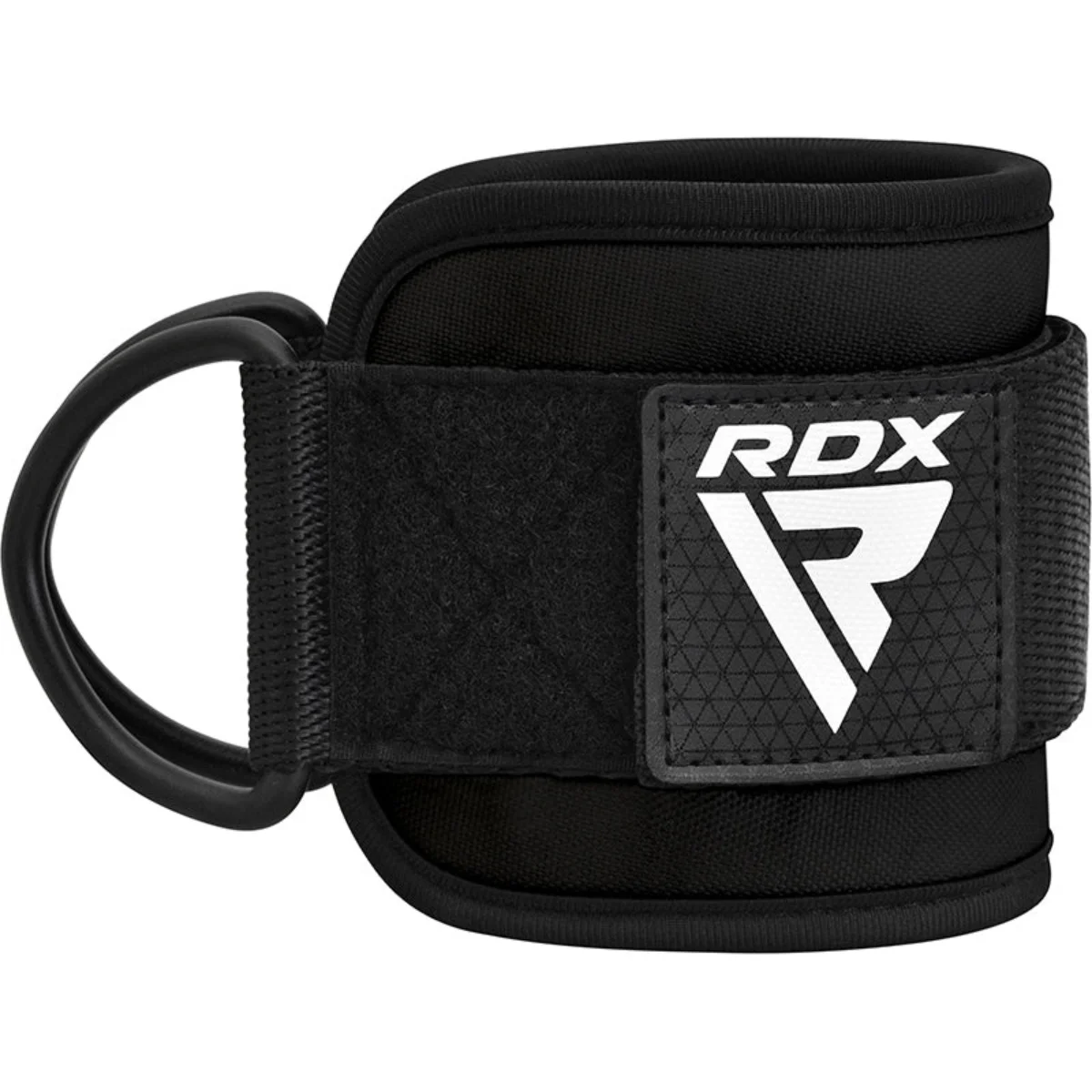 Black ankle strap with velcro and a metal ring. The brand name RDX is visible.