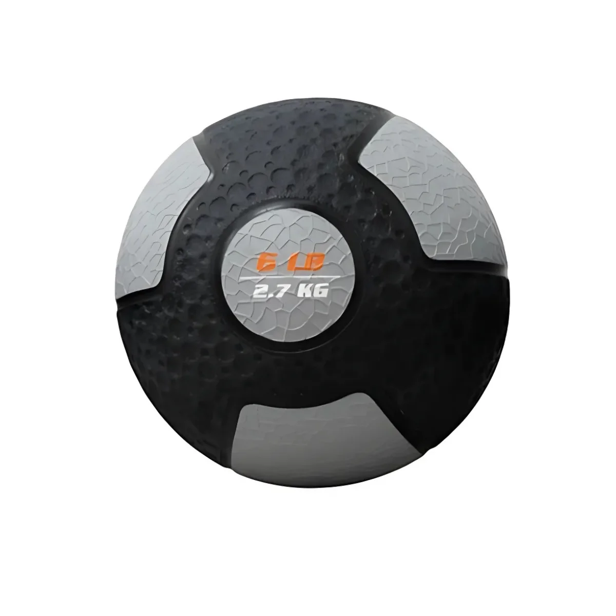 Ballon médicinal noir et gris avec une surface texturée, avec le poids de 2,7 KG en orange.
