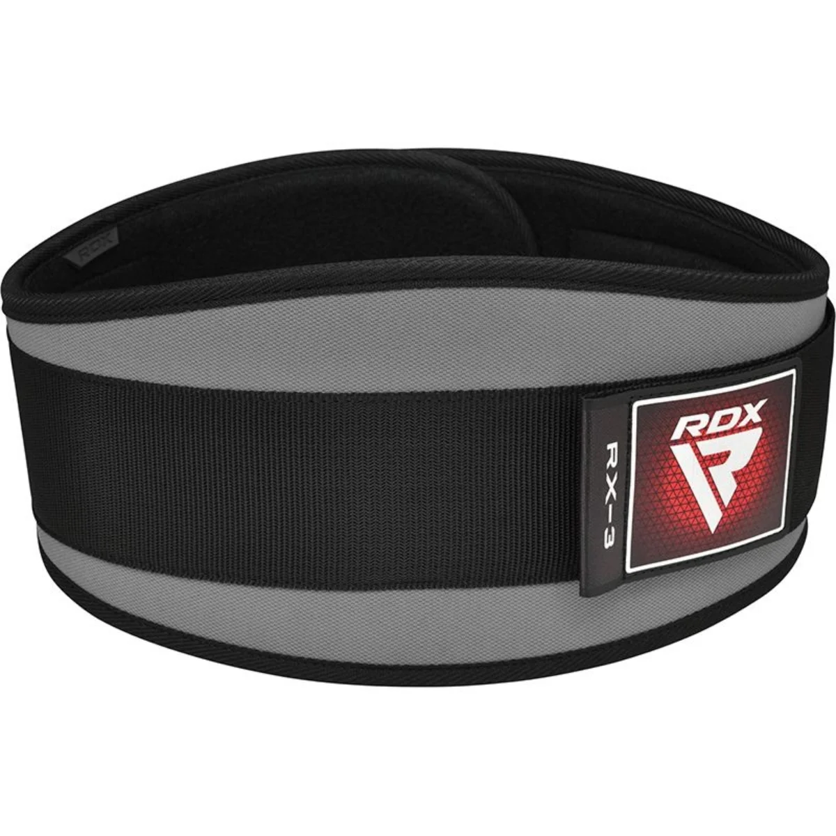 Black and gray weight lifting belt with RDX logo.